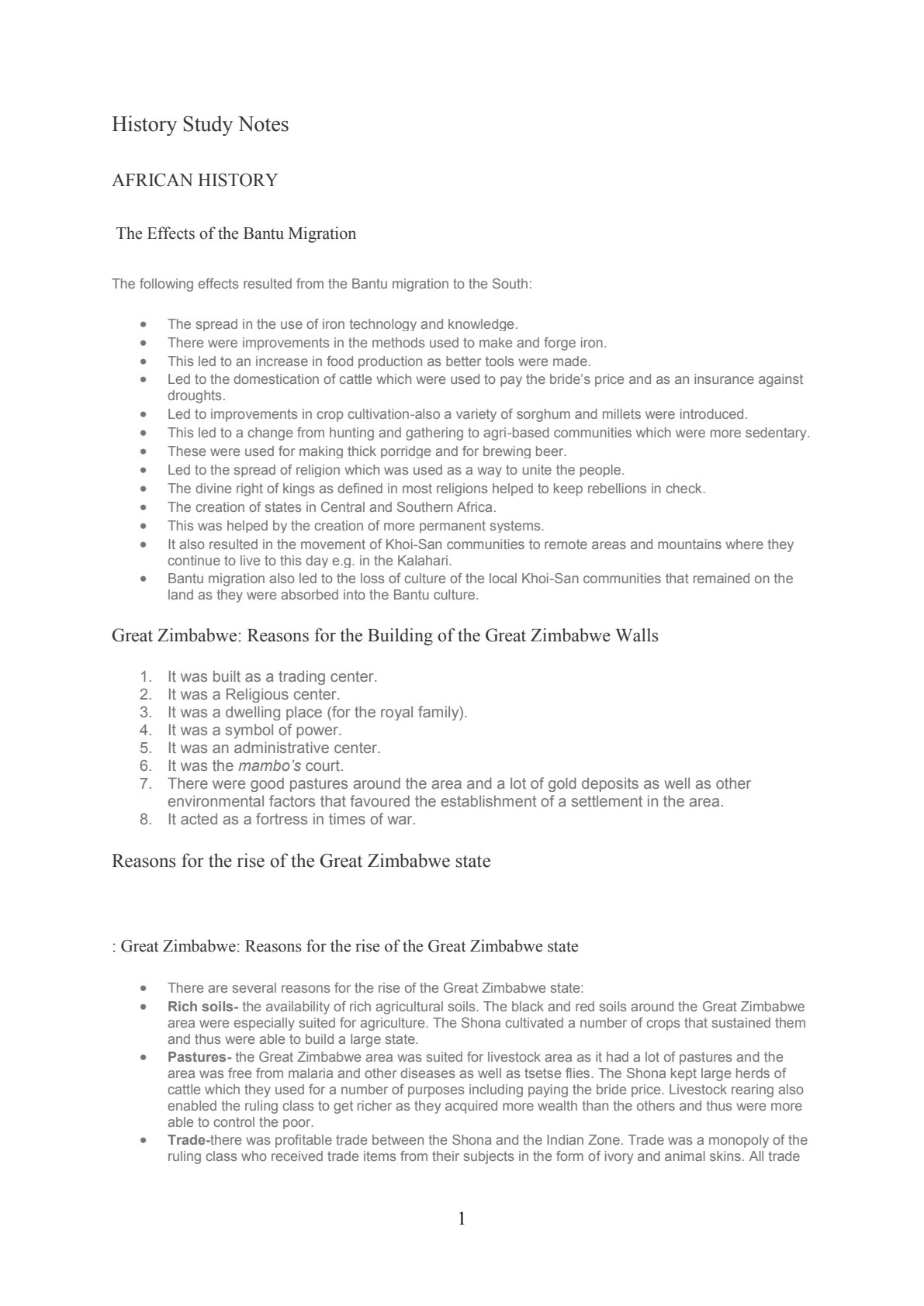 First page of O-Level History Effects of the Bantu Migration and Great Zimbabwe Notes Zimbabwe
