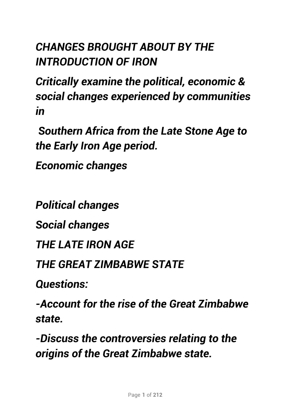 First page of O-Level History Late Iron Age and Great Zimbabwe State Notes Zimbabwe