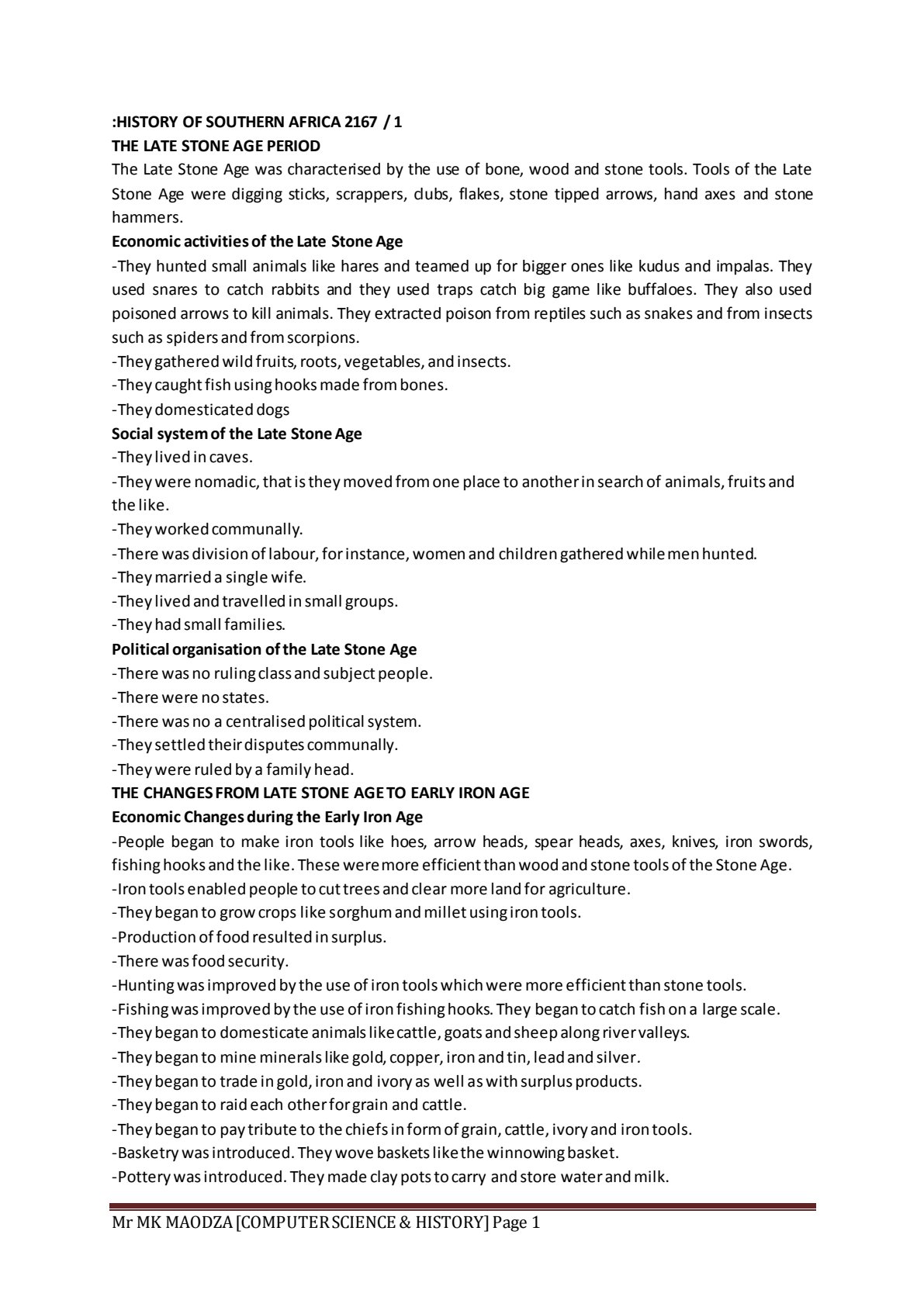 First page of O-Level History Late Stone Age Notes Zimbabwe