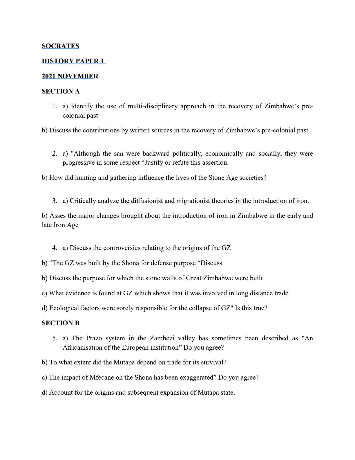 First page of O-Level History November 2021 Question Paper