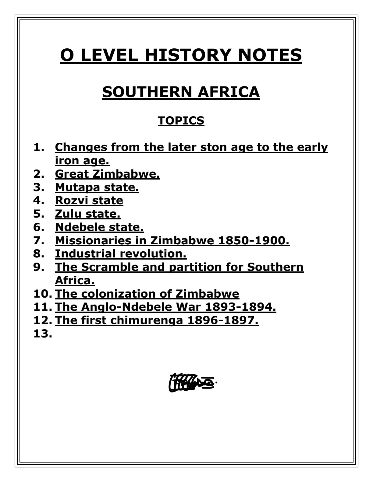 First page of O-Level History Southern Africa History Notes Zimbabwe