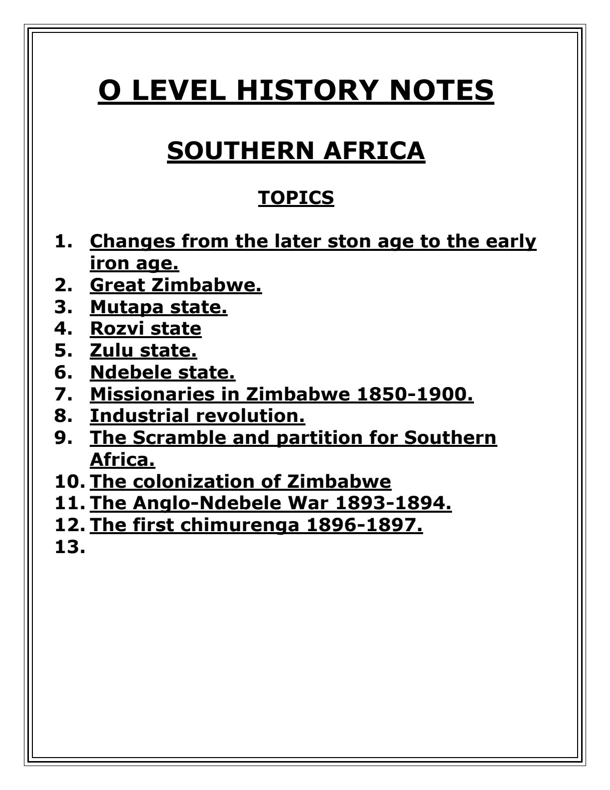 First page of O-Level History Southern Africa Notes Zimbabwe