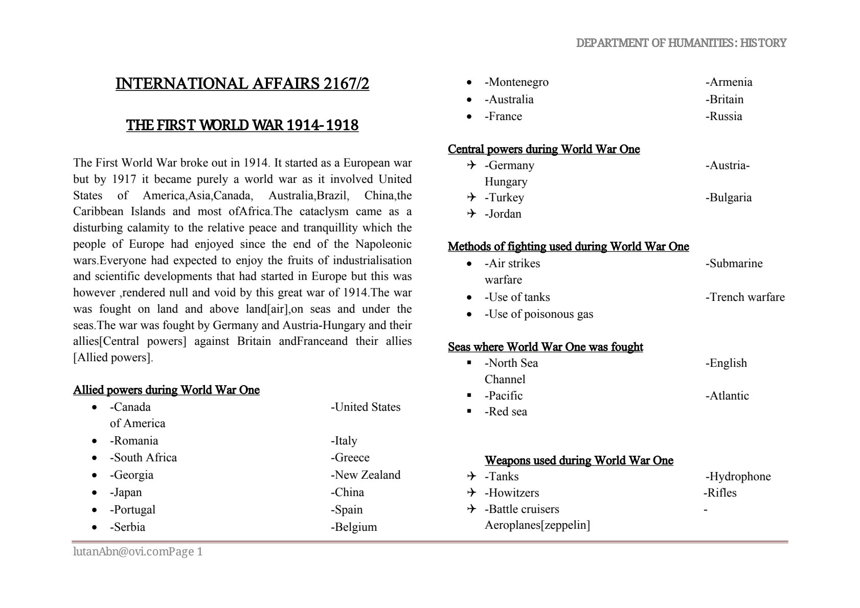 First page of O-Level History The First World War 1914-1918 Notes Zimbabwe