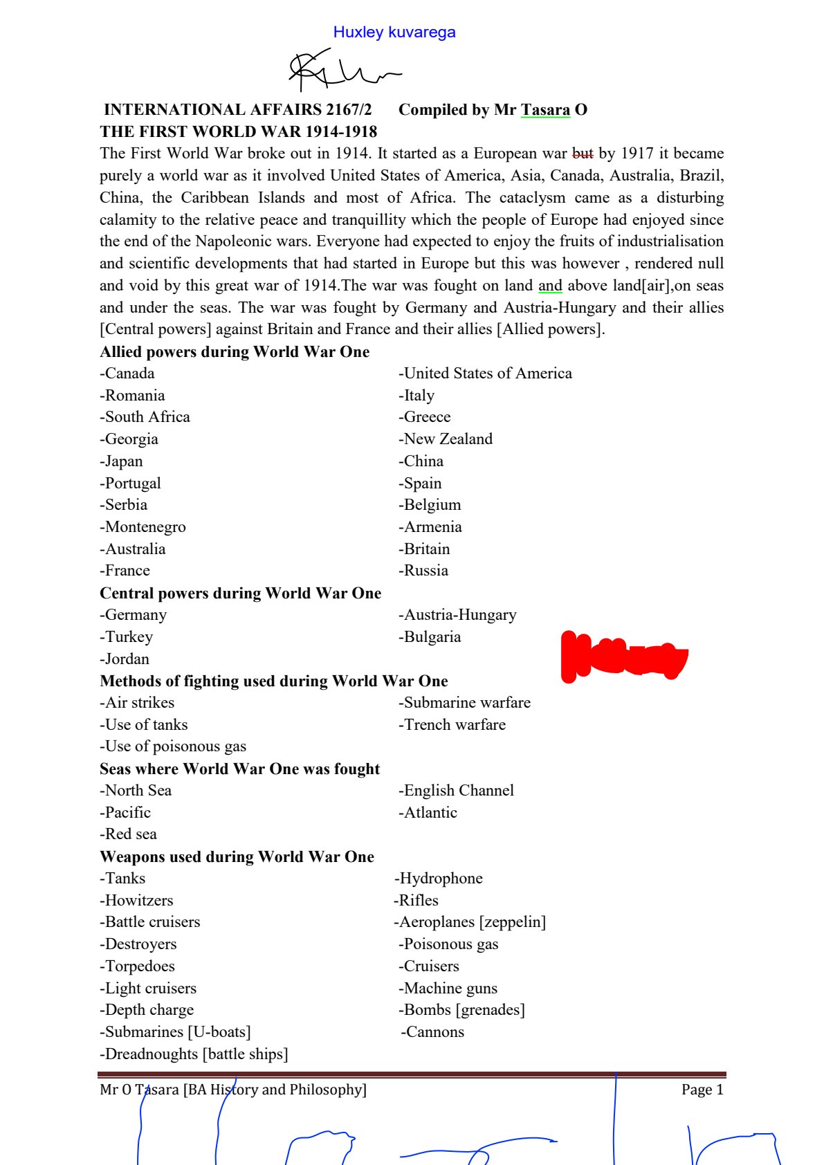 First page of O-Level History The First World War 1914-1918 Notes Zimbabwe