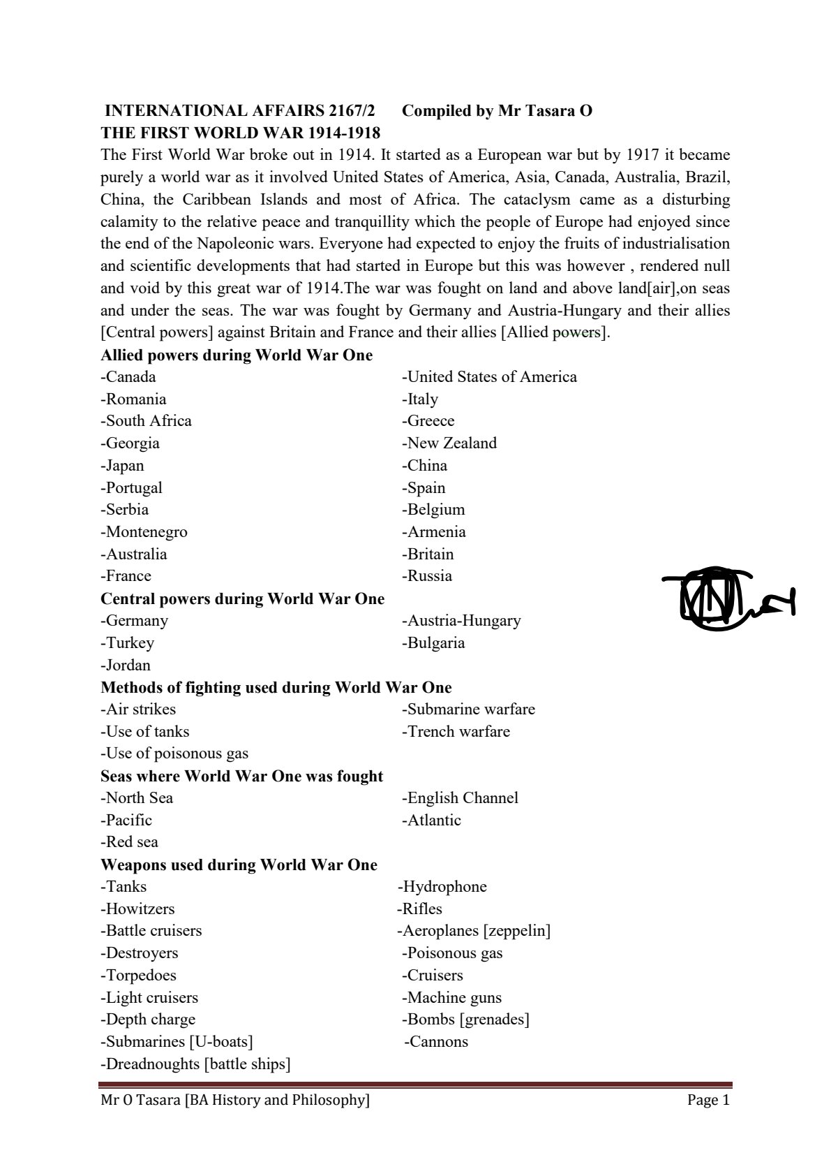 First page of O-Level History The First World War 1914-1918 Notes Zimbabwe