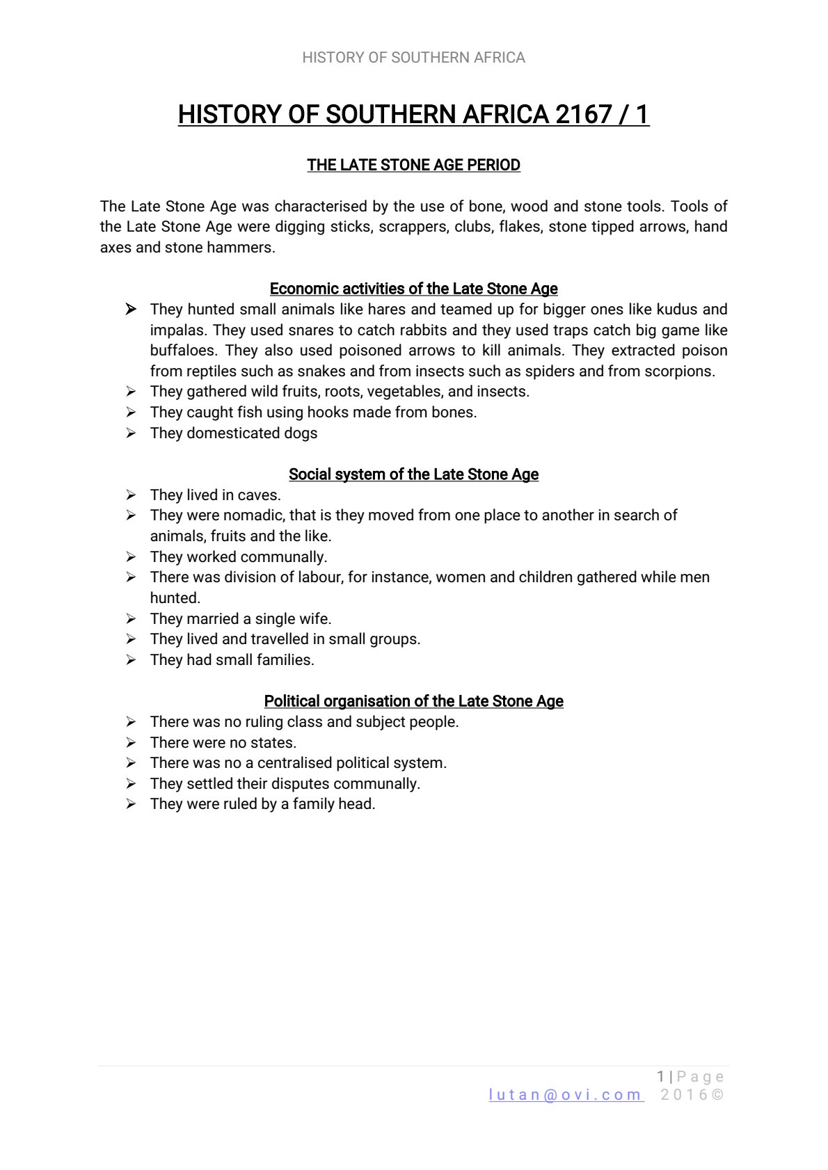First page of O-Level History The Late Stone Age Period Notes Zimbabwe