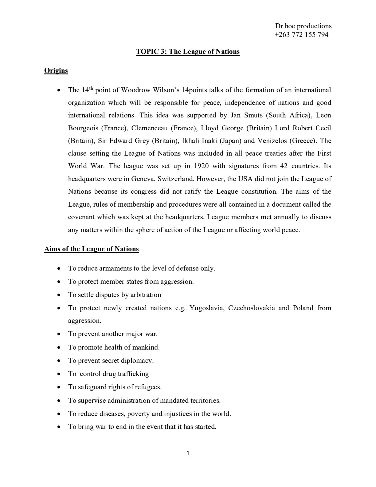 First page of O-Level History The League of Nations Notes Zimbabwe