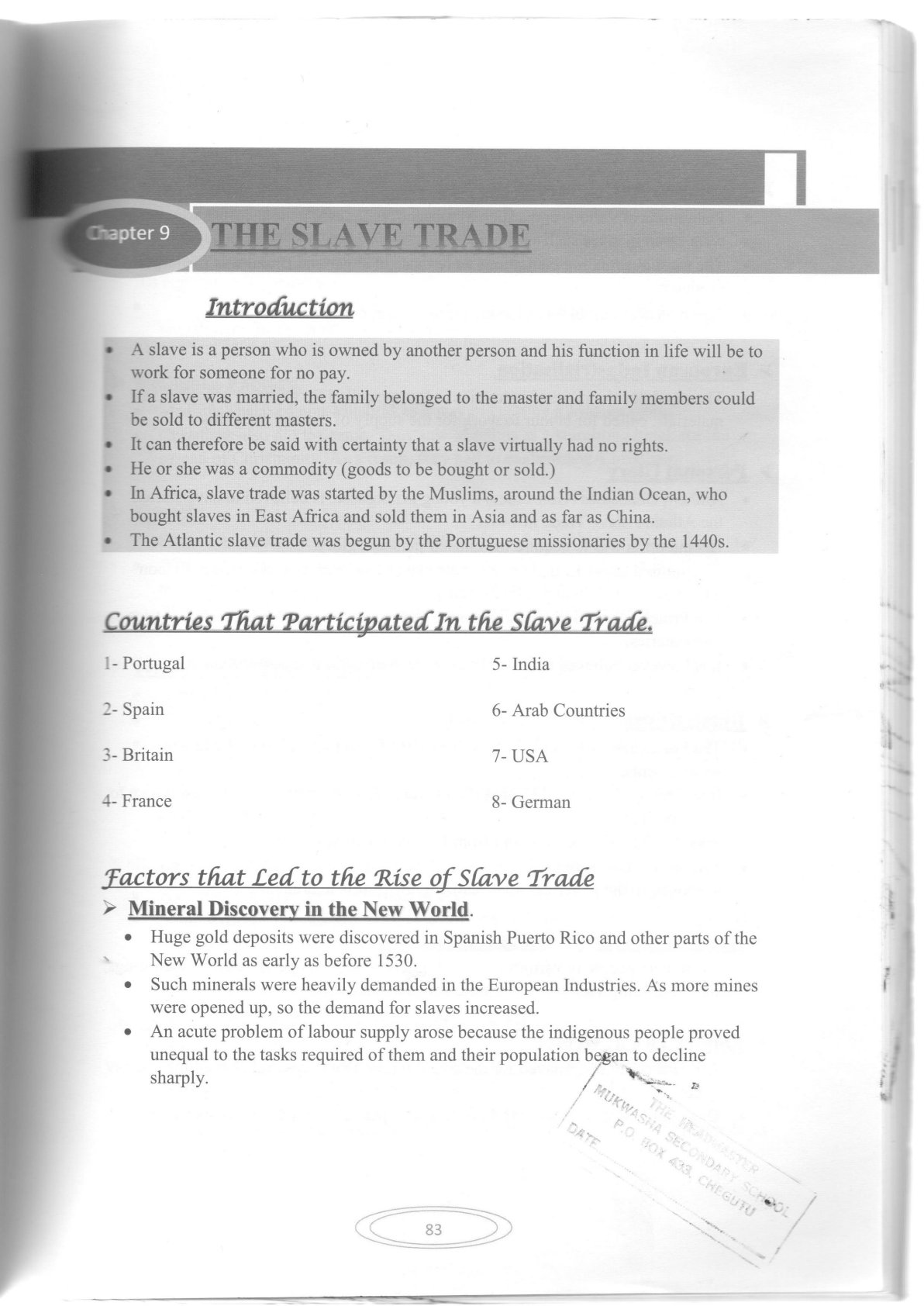 First page of O-Level History The Slave Trade Notes Zimbabwe