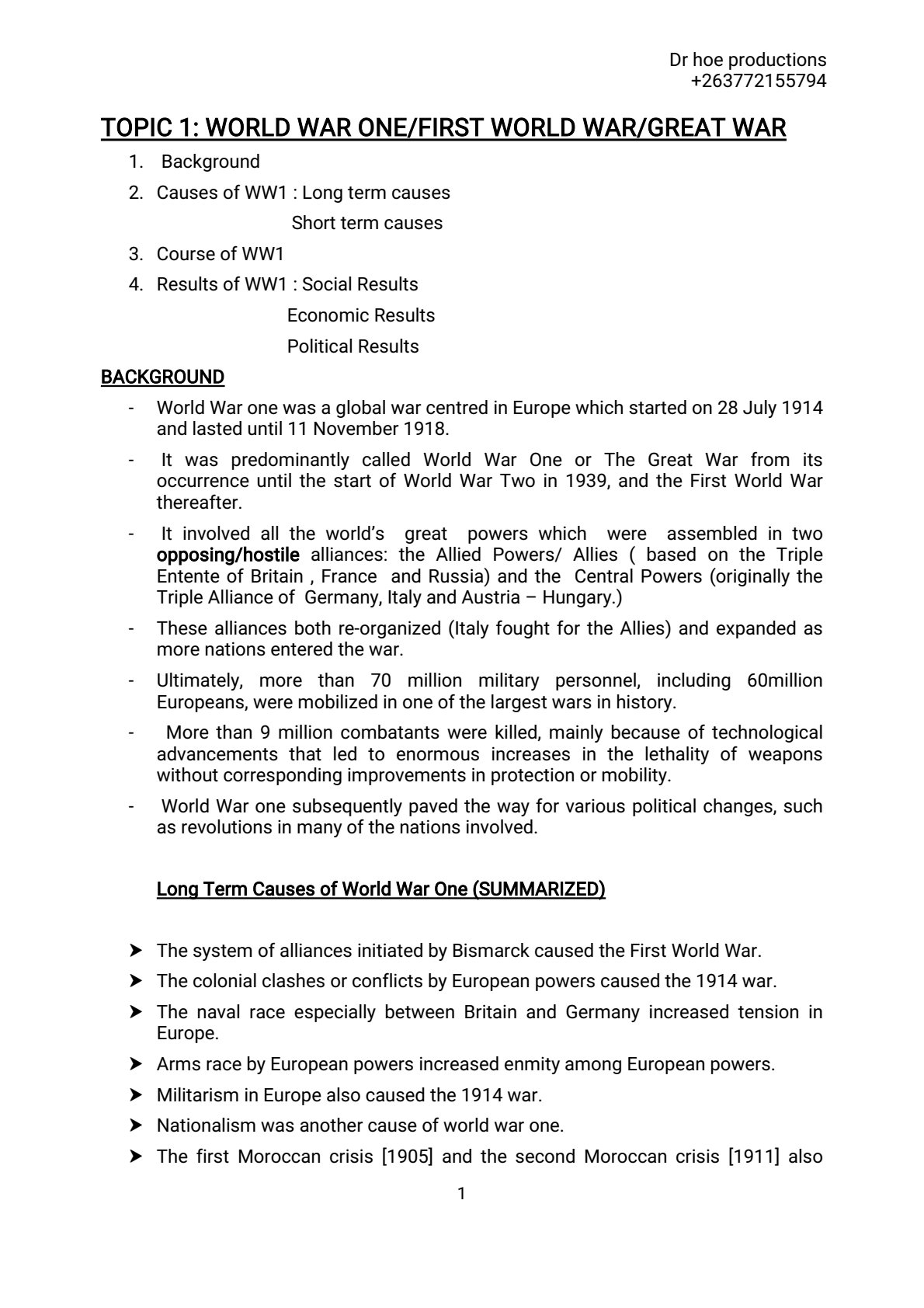 First page of O-Level History World War One Notes Zimbabwe