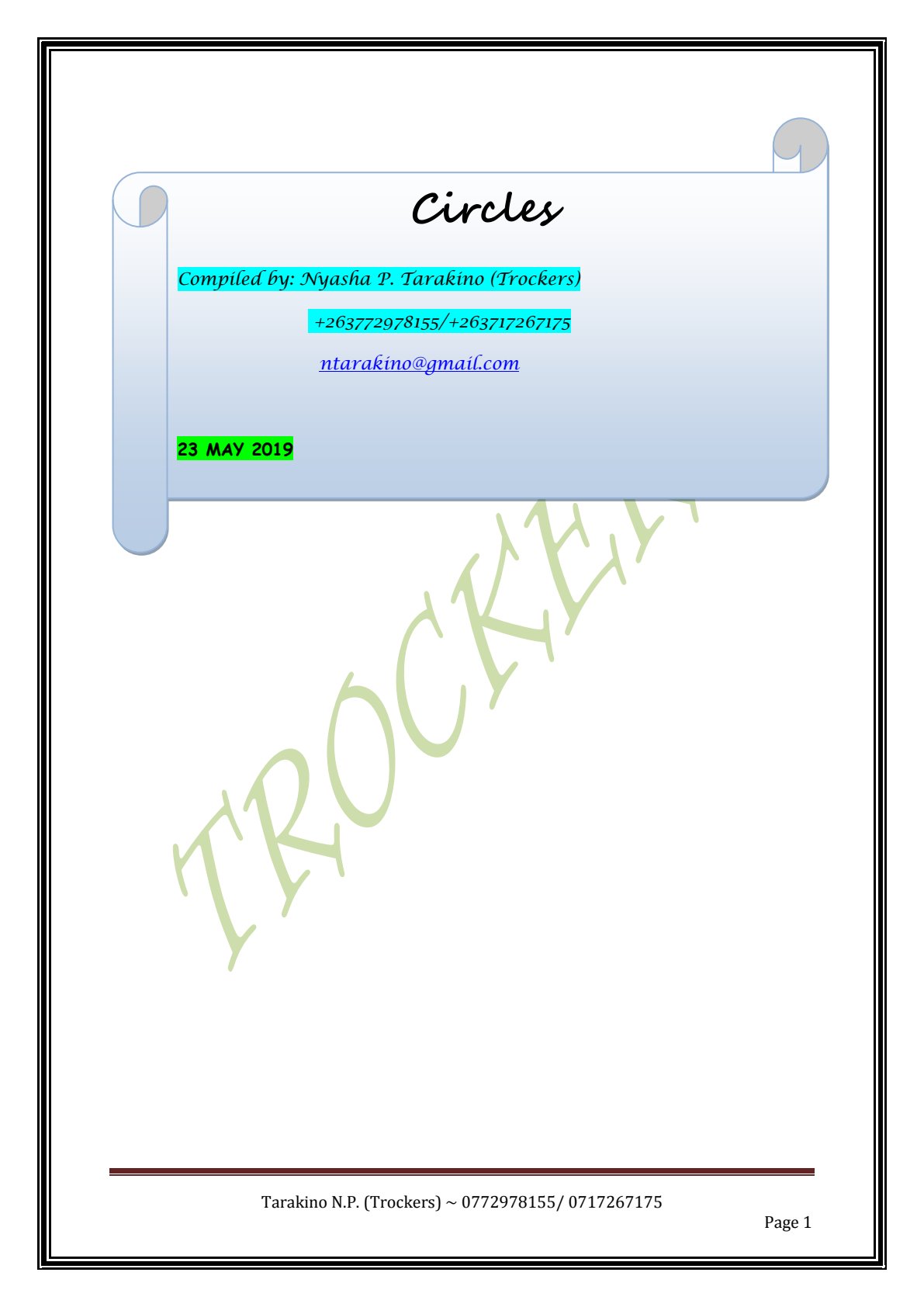 First page of O-Level Mathematics Circles Notes Zimbabwe