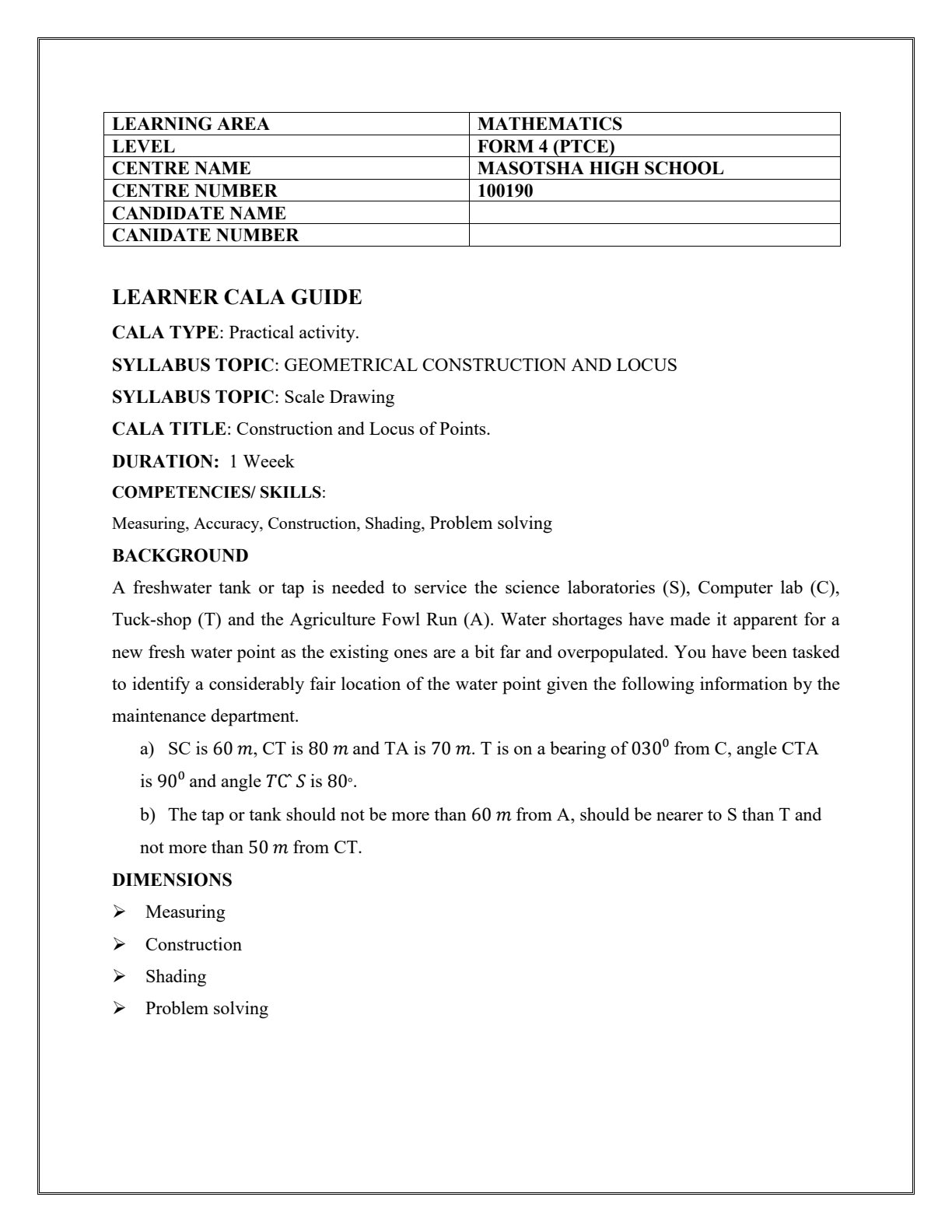 First page of O-Level Mathematics Geometrical Construction and Locus Worksheet Zimbabwe