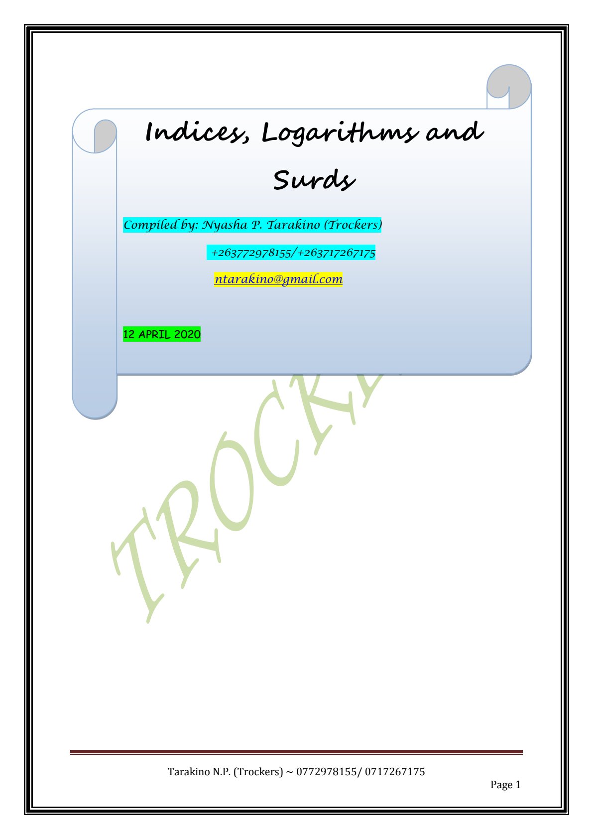 First page of O-Level Mathematics Indices, Logarithms and Surds Notes Zimbabwe