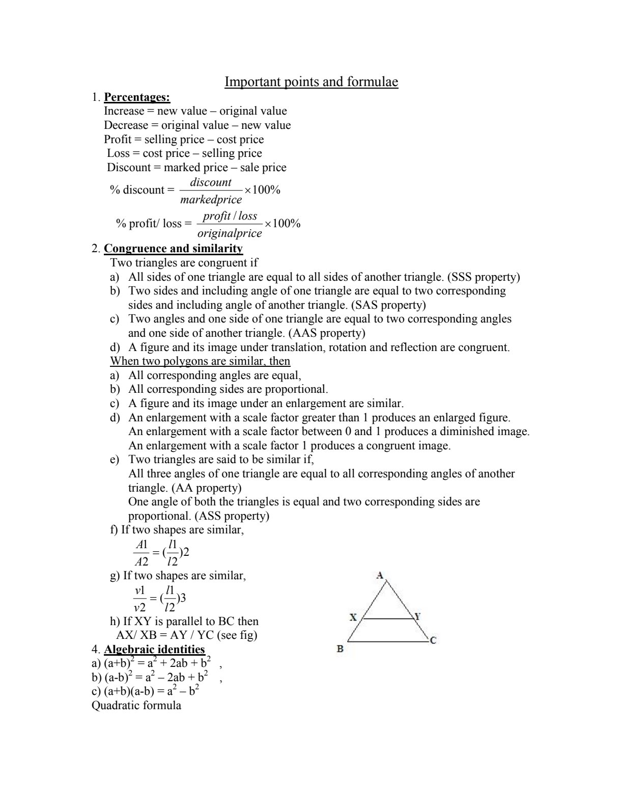 First page of O-Level Mathematics Percentages, Congruence and Similarity, Algebraic Identities, Quadratic Formula Notes Zimbabwe