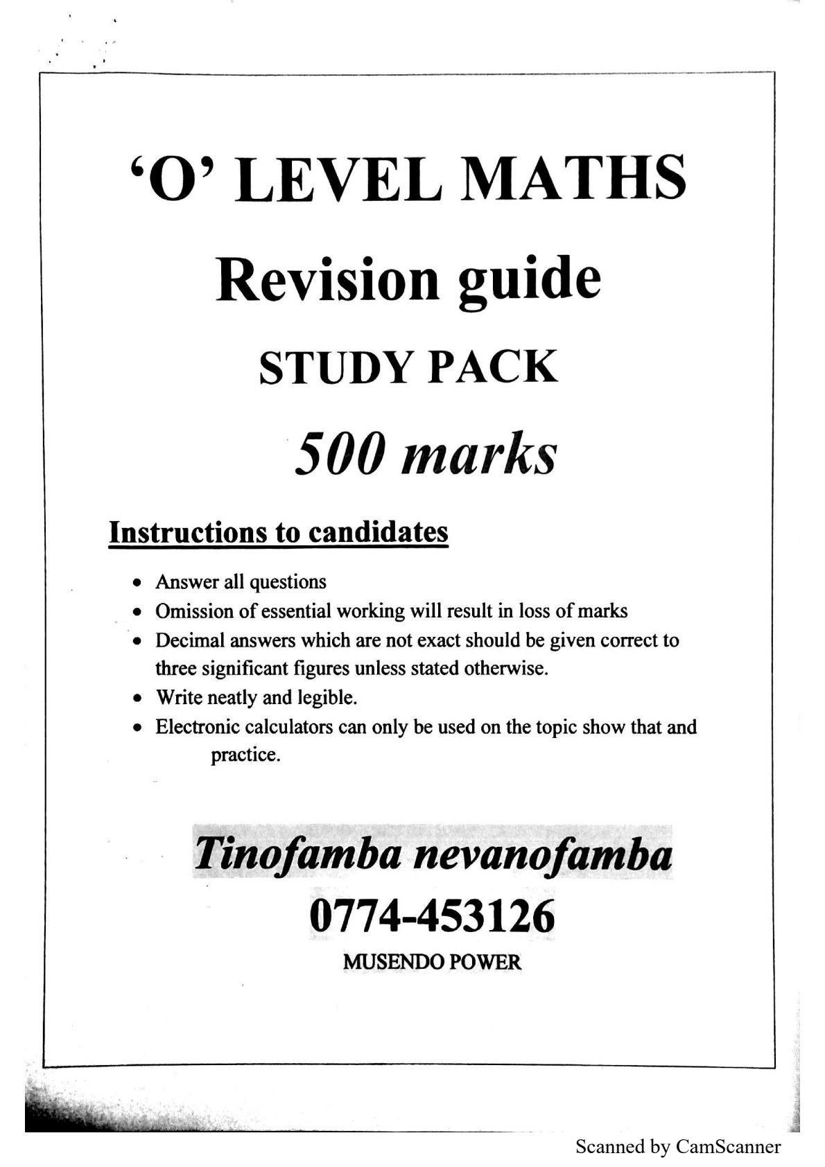 First page of O-Level Mathematics Revision Pack Zimbabwe