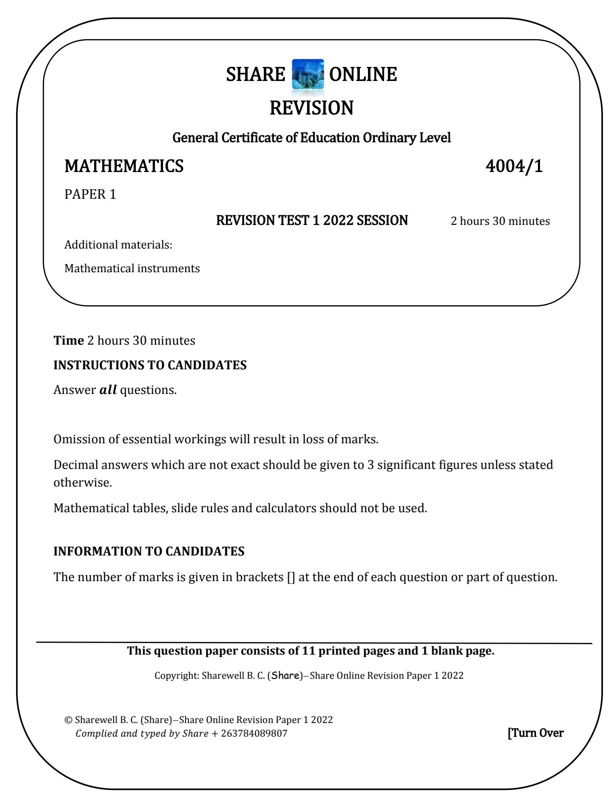 First page of O-Level Mathematics Revision Pack Zimbabwe