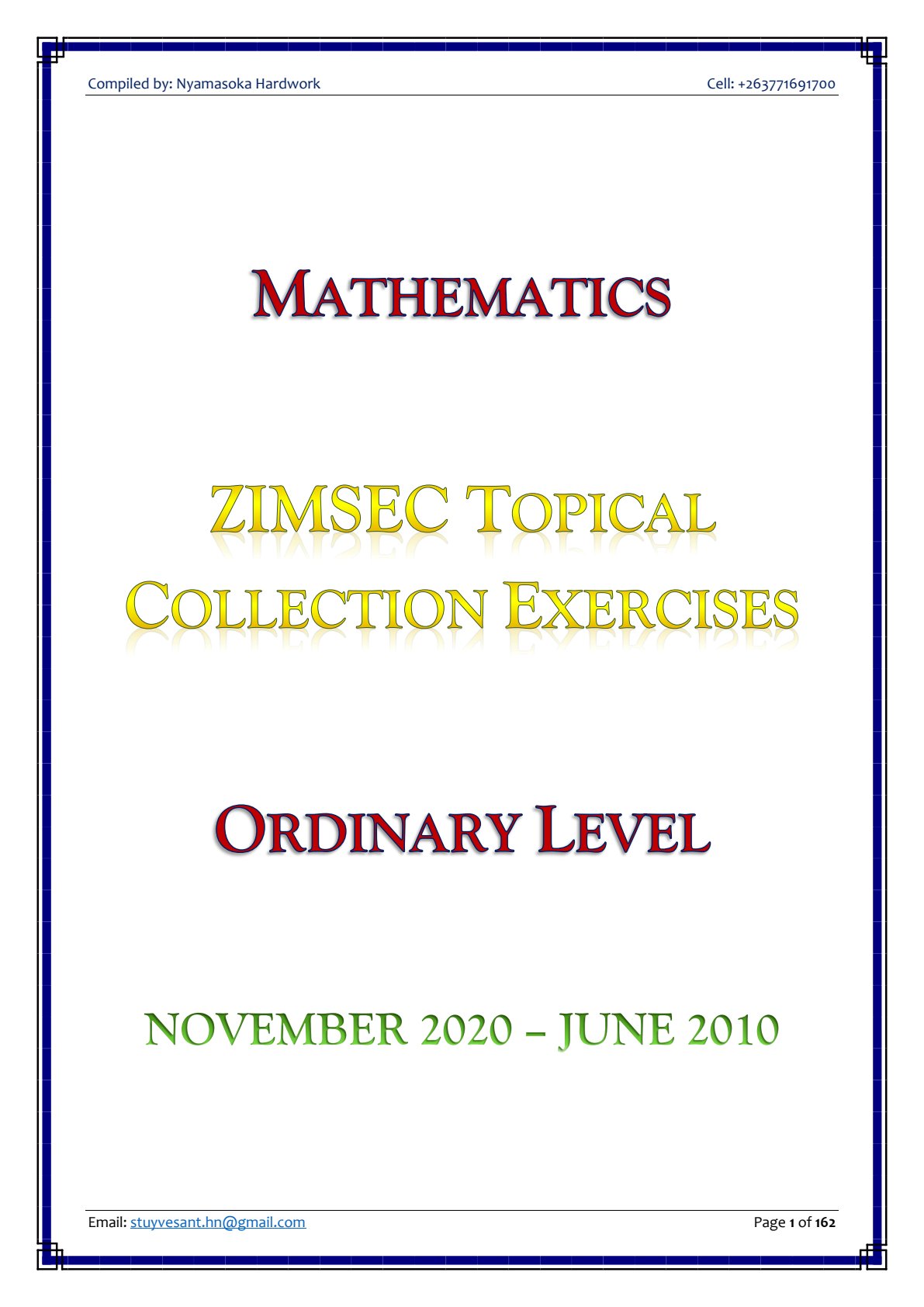 First page of O-Level Mathematics Revision Pack Zimbabwe