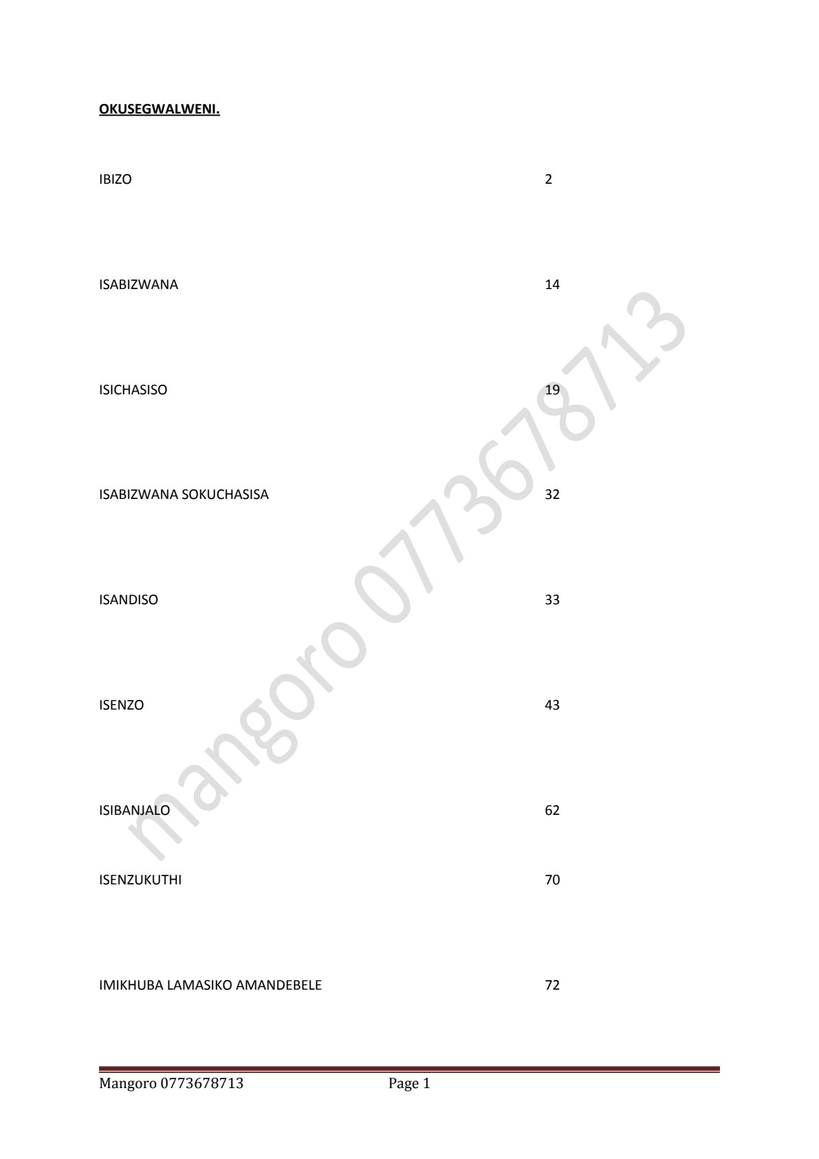 First page of O-Level Ndebele Ndebele Grammar and Culture Notes Zimbabwe