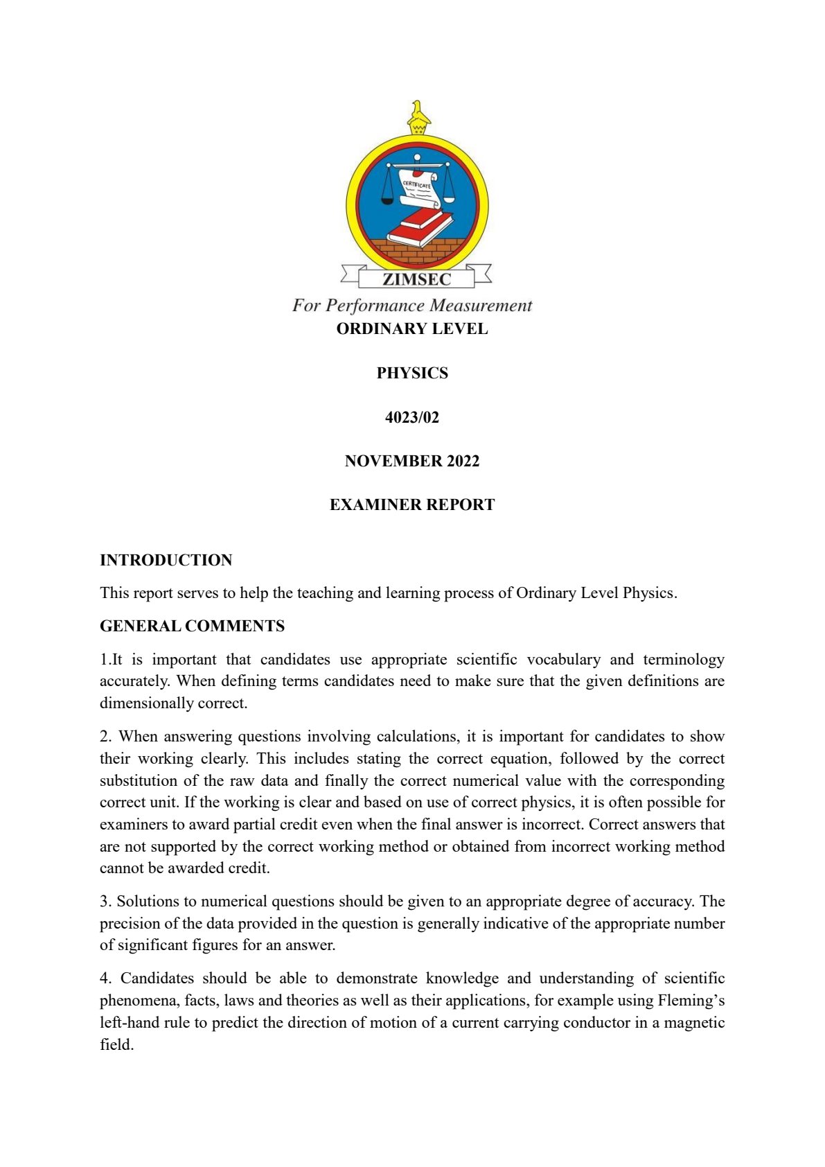 First page of O-Level Physics Examiner Report Notes Zimbabwe