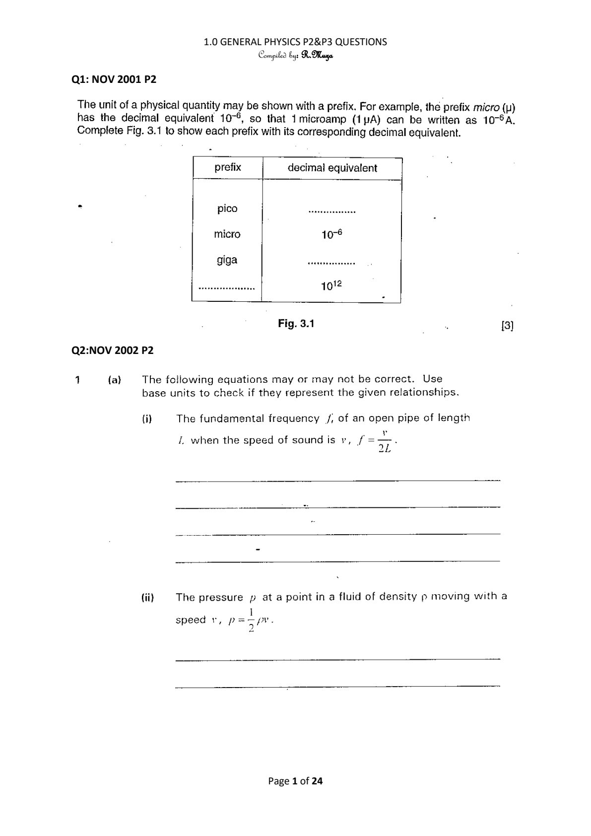 First page of O-Level Physics General Physics Revision Pack Zimbabwe