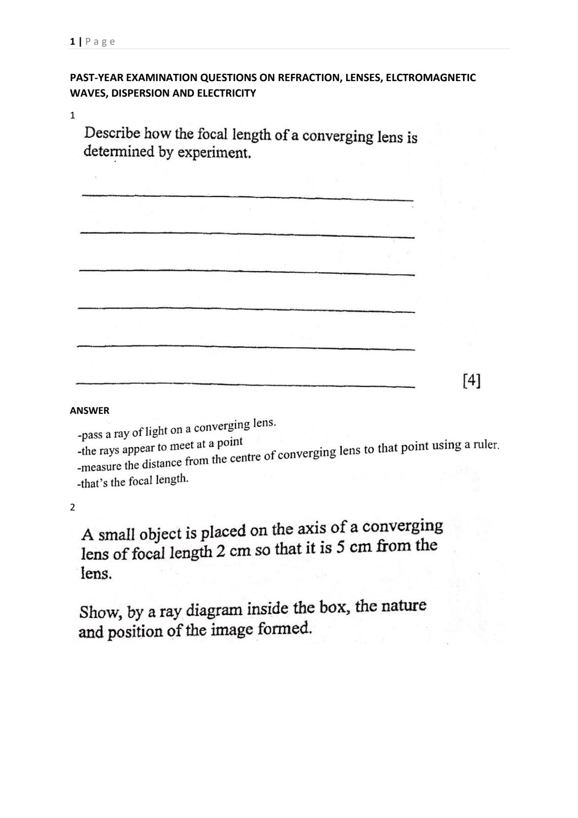 First page of O-Level Physics Refraction, Lenses, Electromagnetic Waves, Dispersion, Electricity Revision Pack Zimbabwe