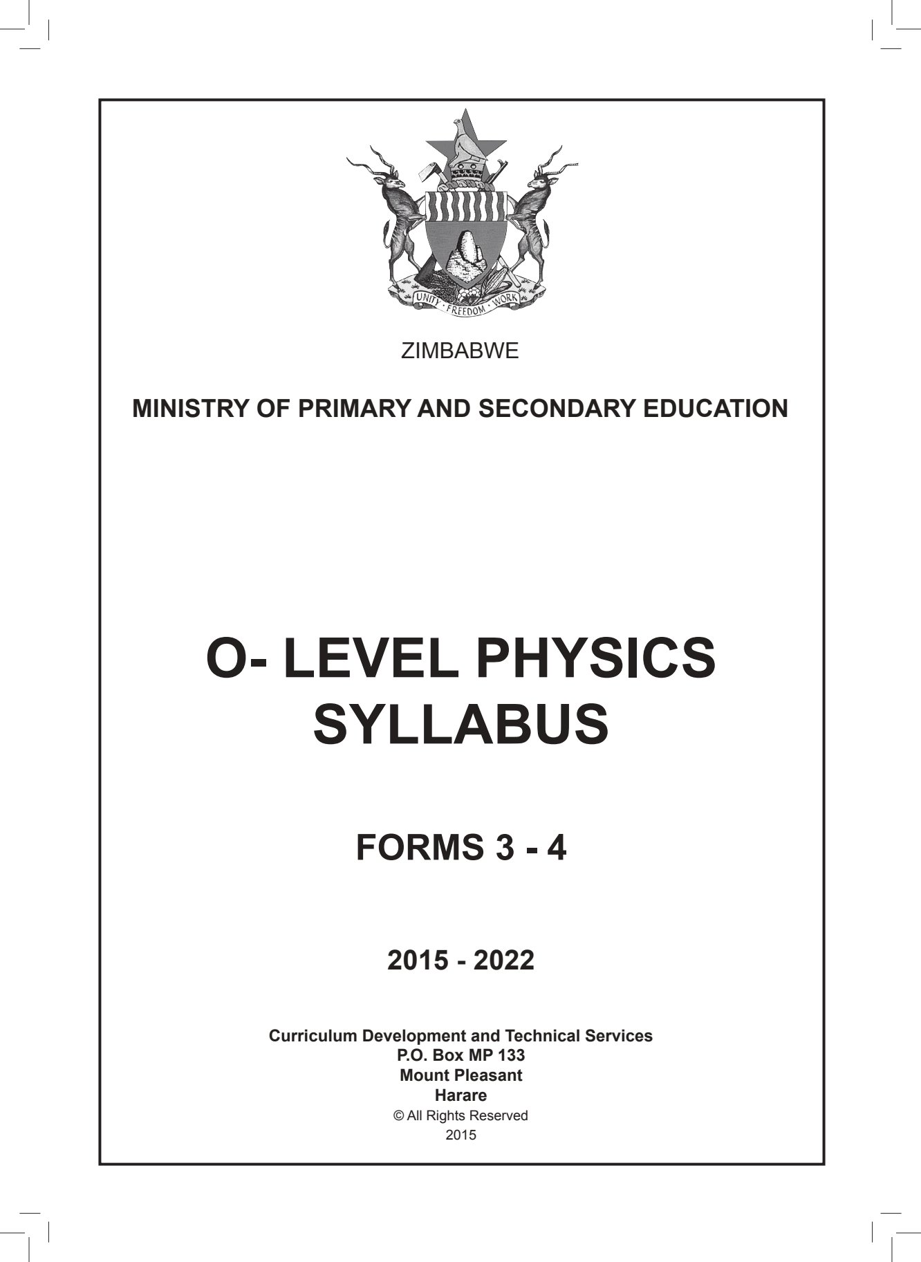 First page of O-Level Physics Syllabus Forms 3-4
