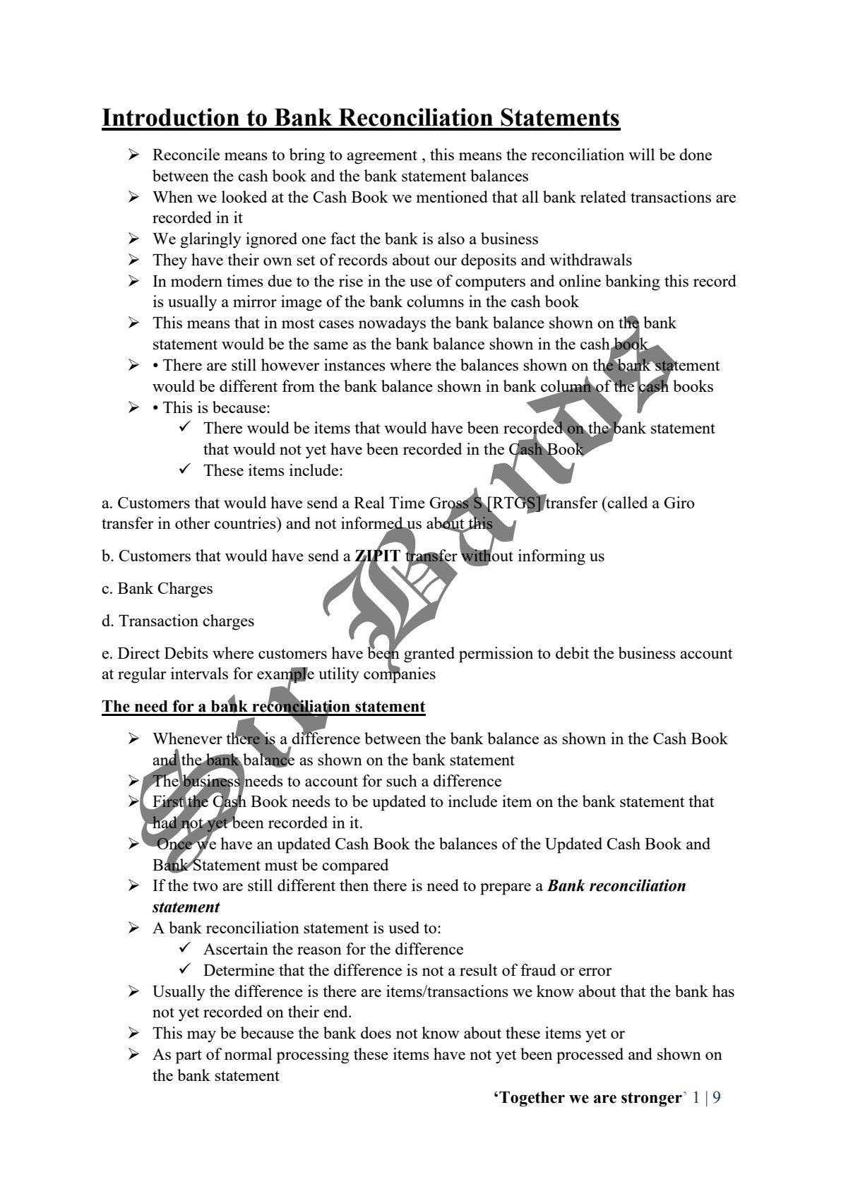 First page of O-Level Principles of Accounts Bank Reconciliation Statement Notes Zimbabwe