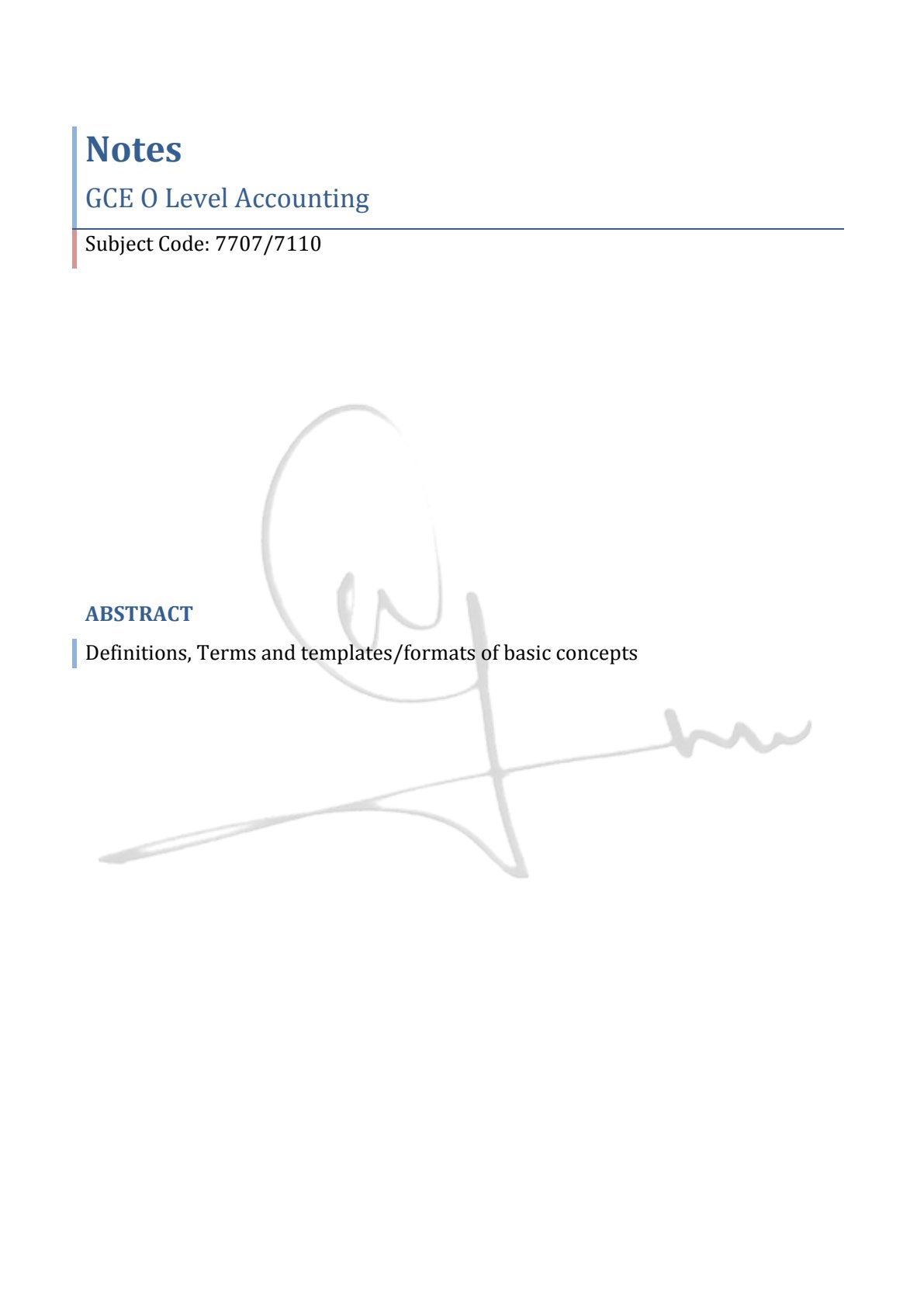 First page of O-Level Principles of Accounts Basic Accounting Concepts Notes Zimbabwe