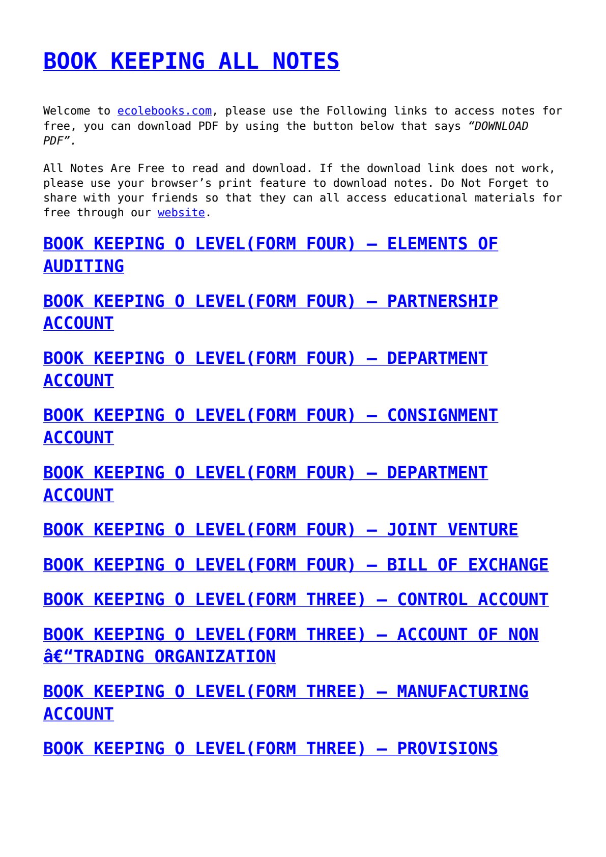 First page of O-Level Principles of Accounts Bookkeeping Notes Zimbabwe