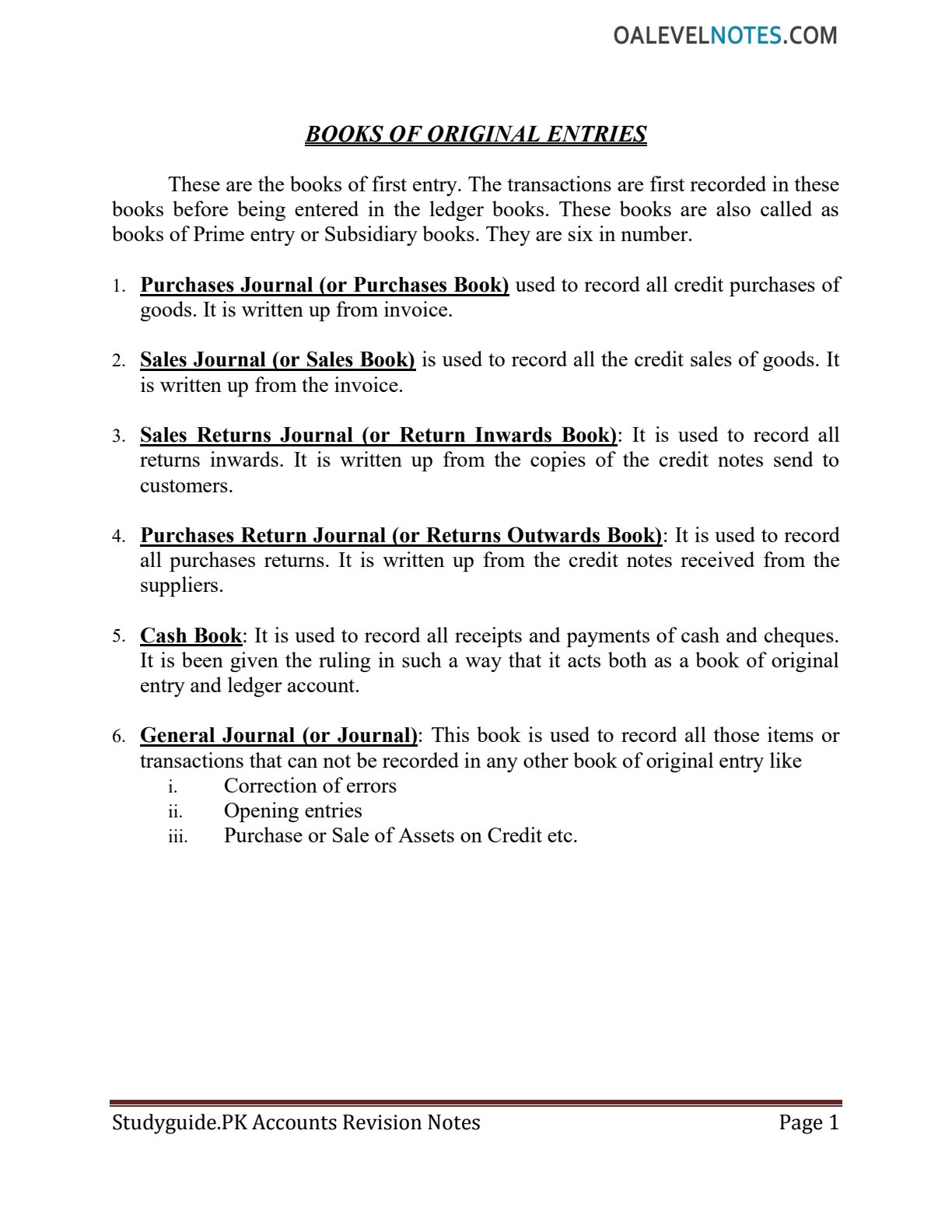 First page of O-Level Principles of Accounts Books of Original Entries Notes Zimbabwe
