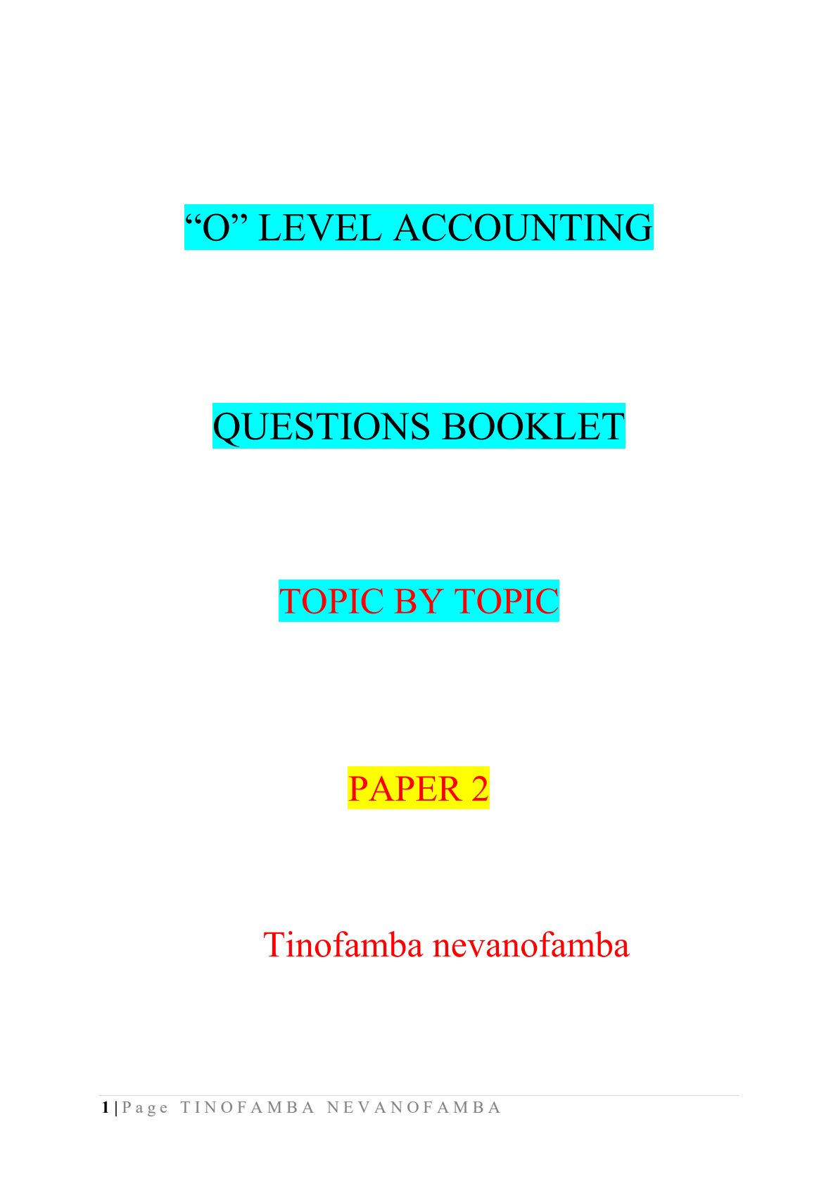 First page of O-Level Principles of Accounts Revision Pack Zimbabwe