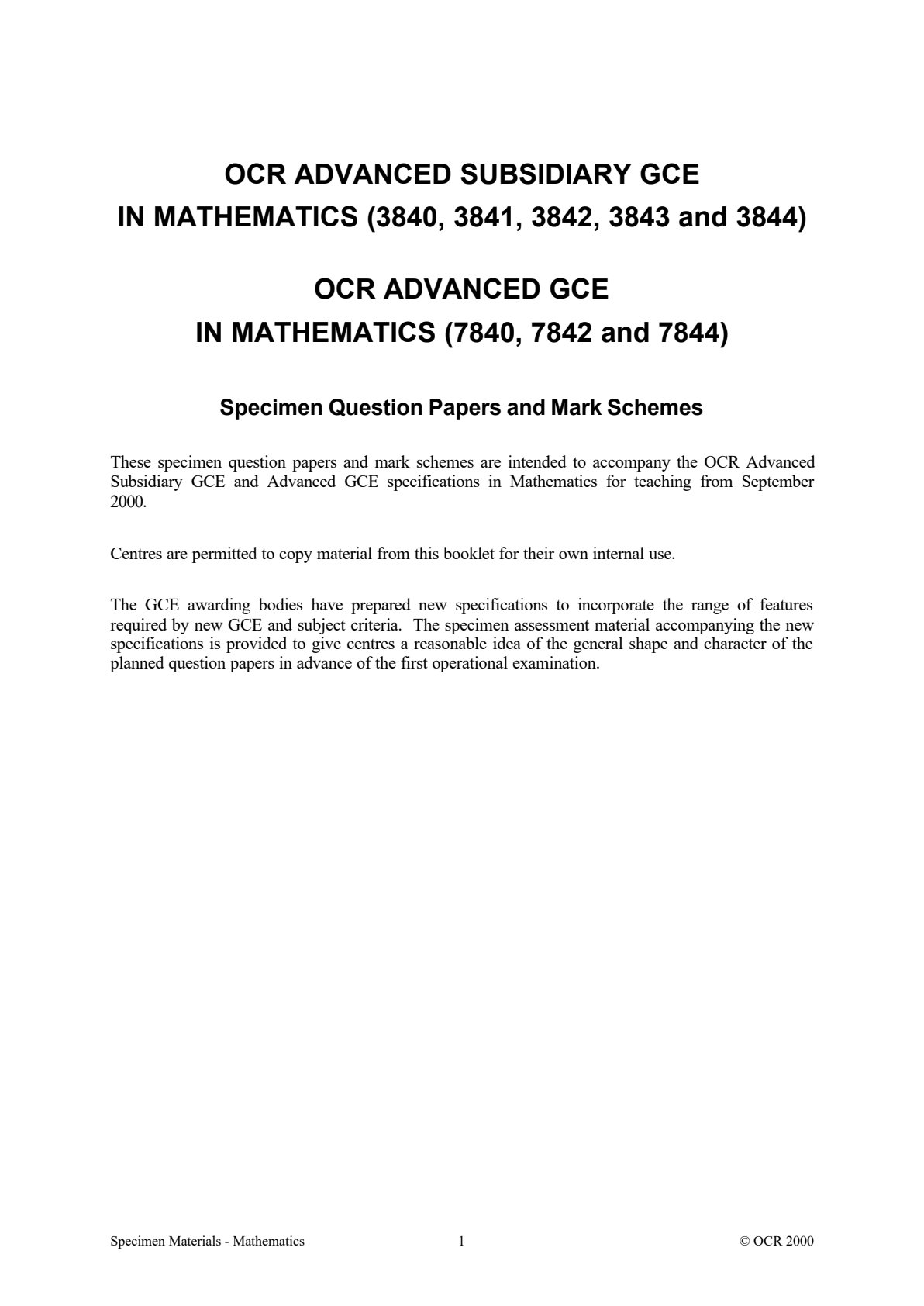 First page of OCR A-Level Mathematics Blue Book 2000 Study Guide