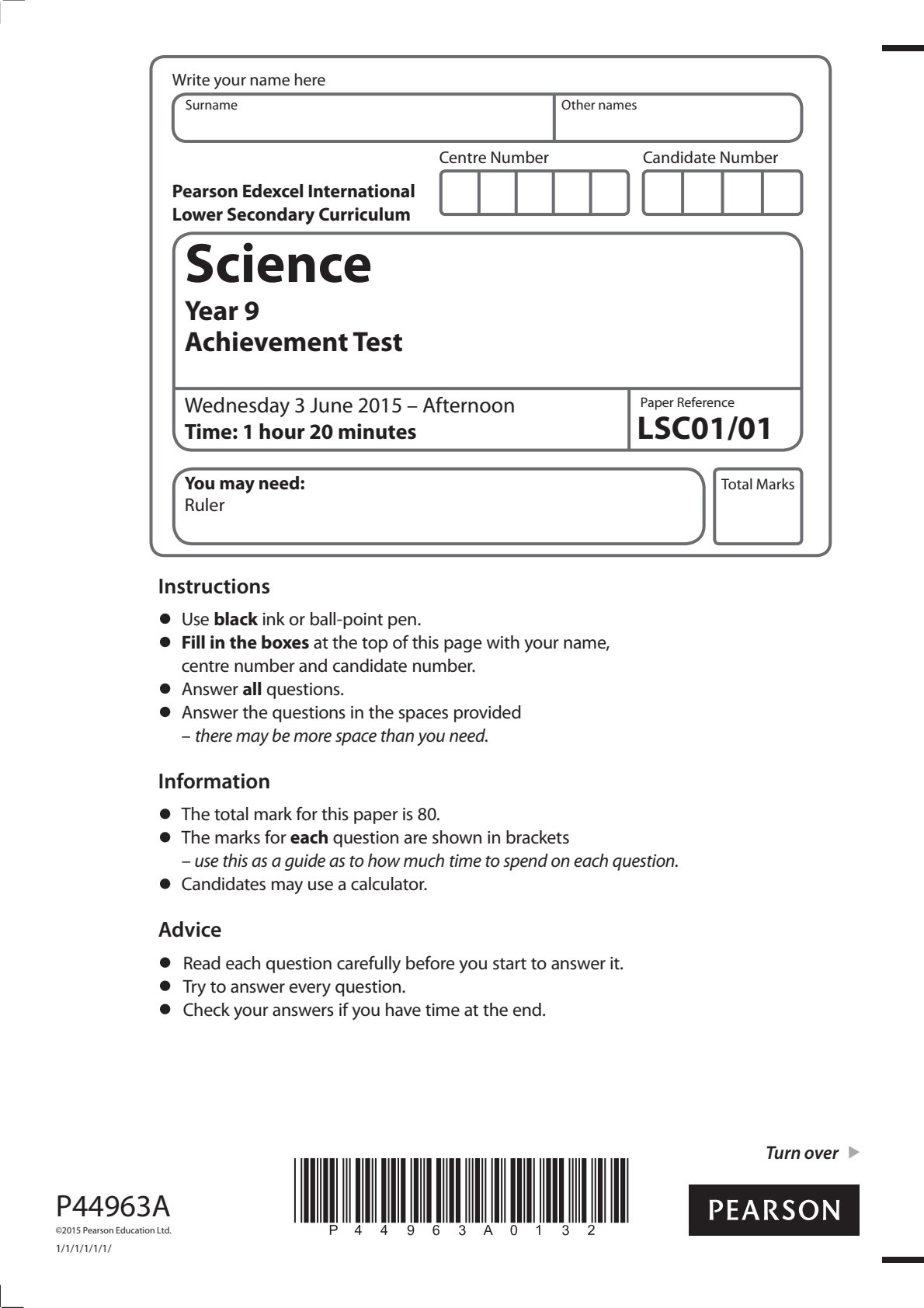 First page of Pearson Edexcel Year 9 Science June 2015 Question Paper