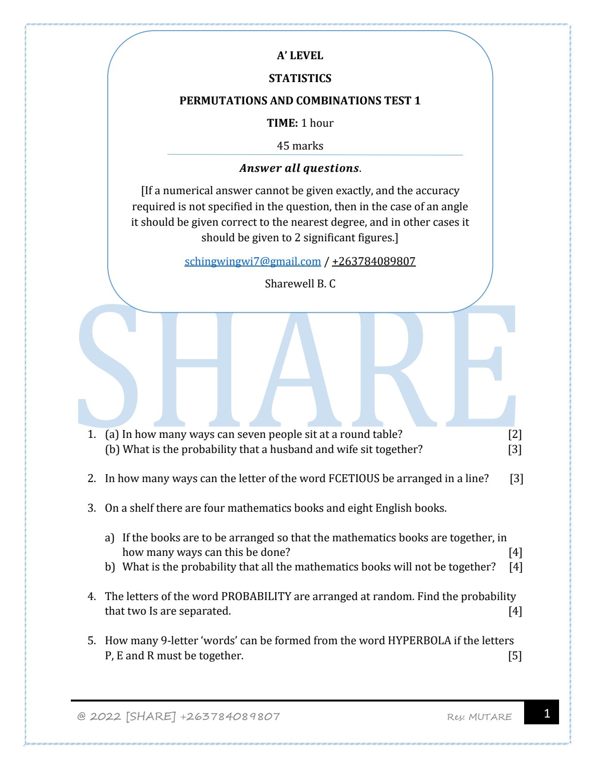 First page of Permutations and Combinations Test 1 Question Paper