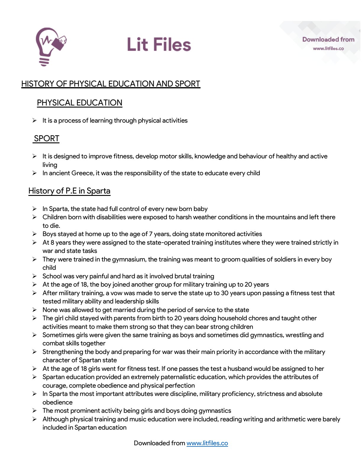 First page of Physical Education History of Physical Education and Sport Notes Zimbabwe