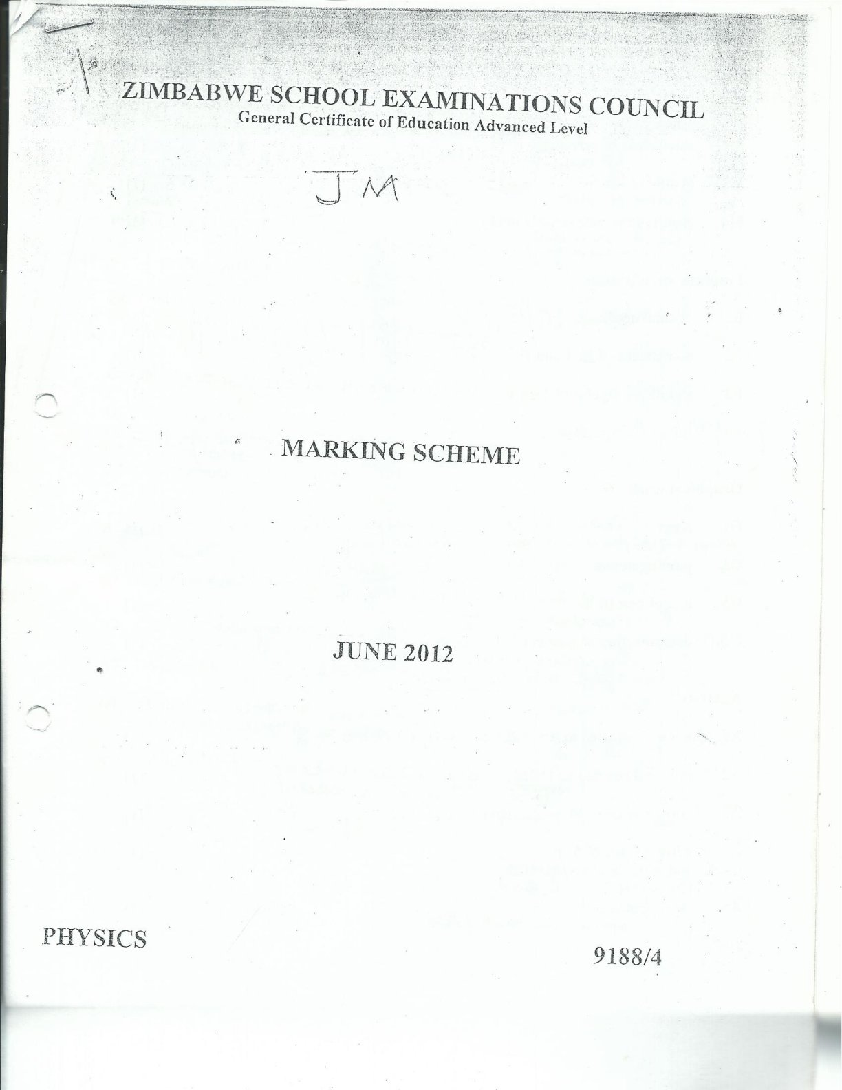 First page of Physics 9188/4 Marking Scheme June 2012
