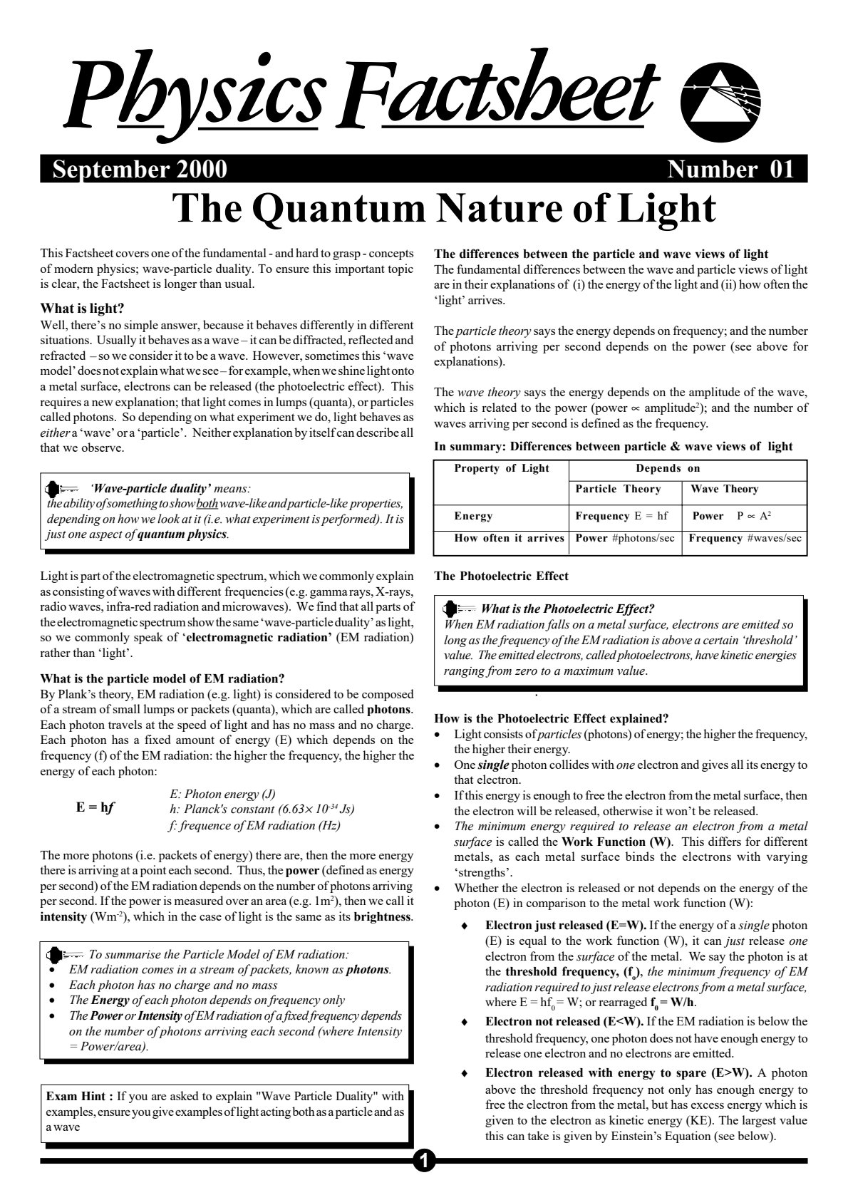 First page of Physics The Quantum Nature of Light Notes Zimbabwe