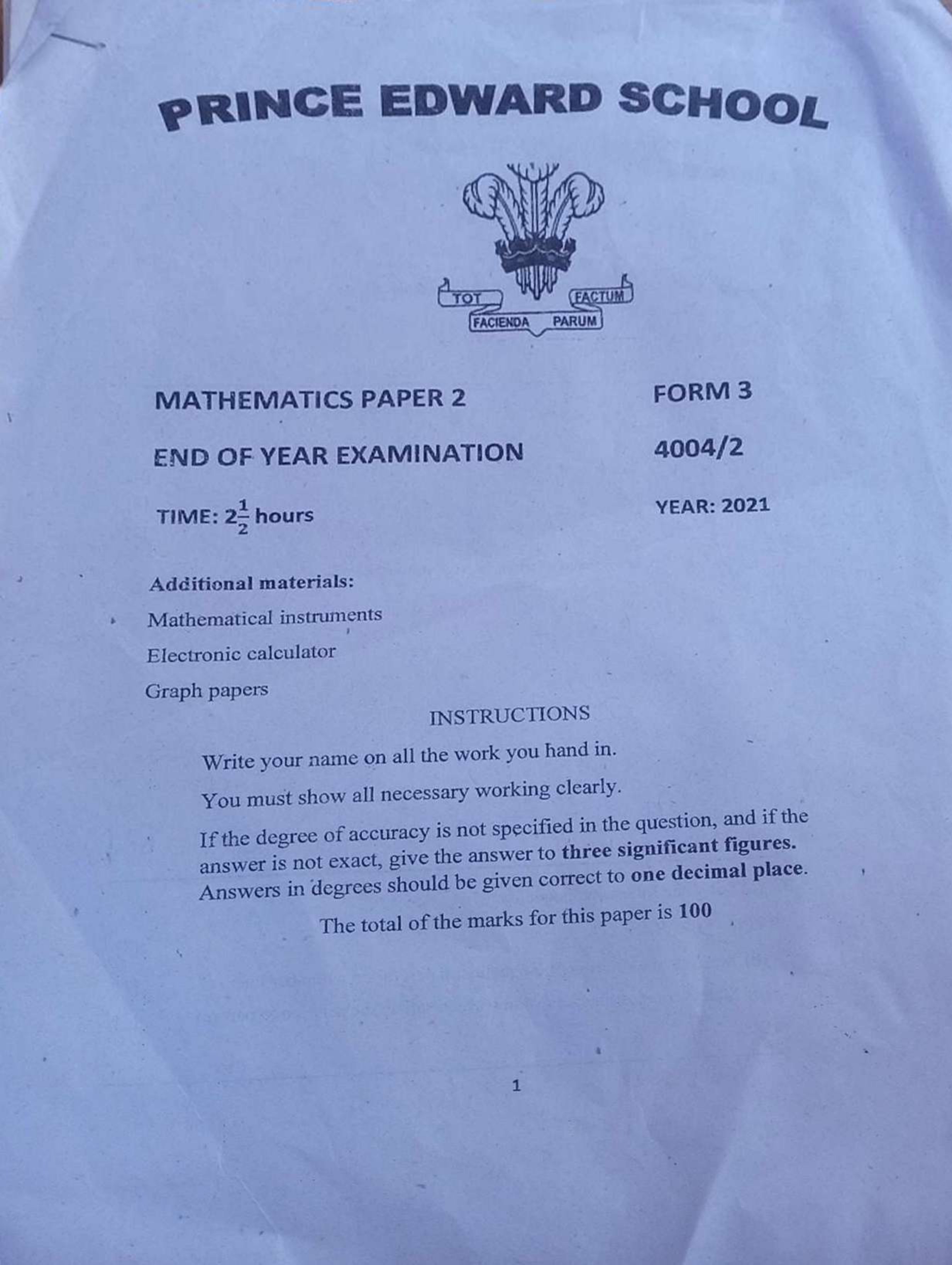 First page of Prince Edward School Form 3 Mathematics End of Year 2021 Question Paper