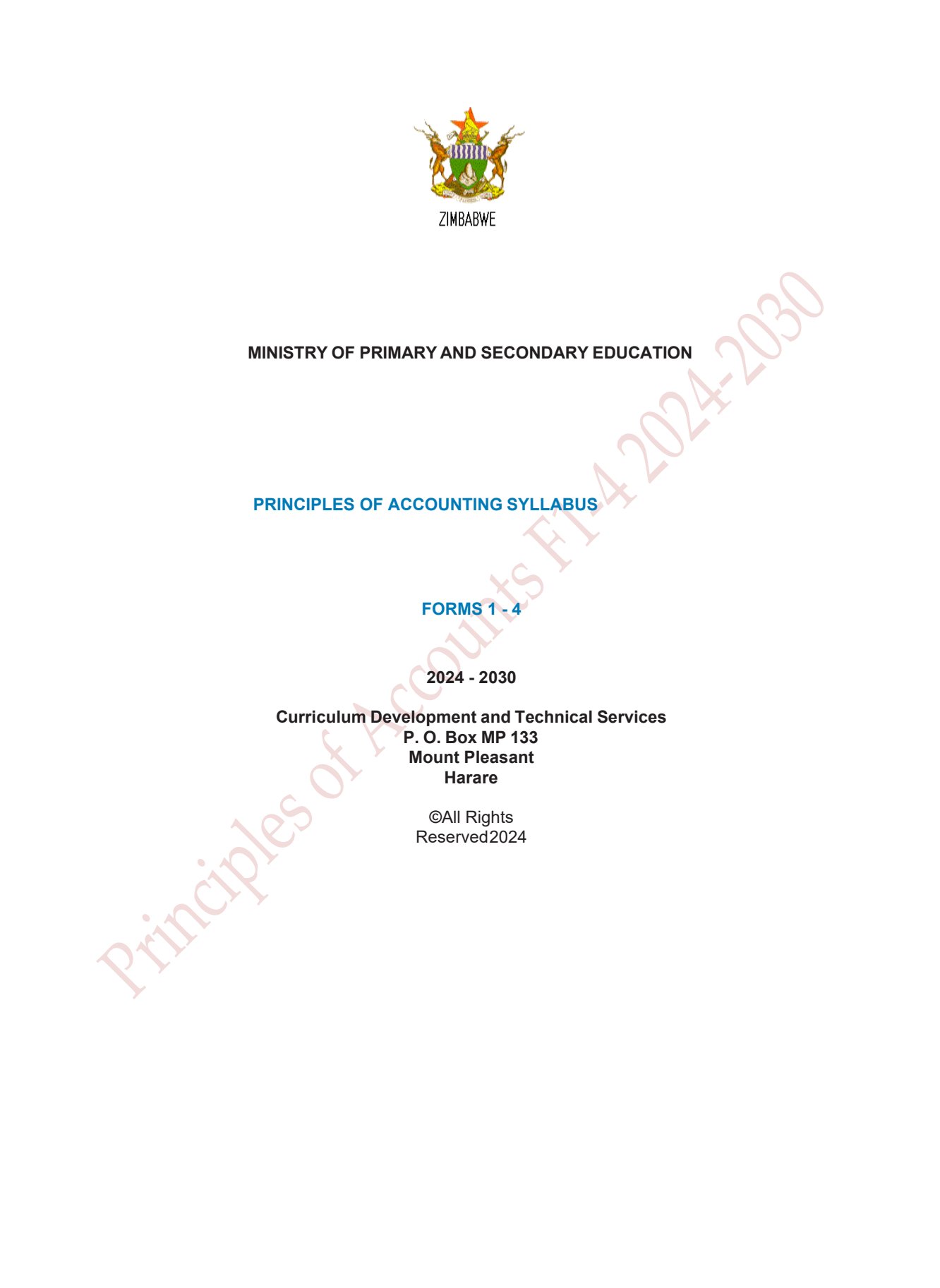 First page of Principles of Accounting Syllabus Forms 1-4 2024-2030