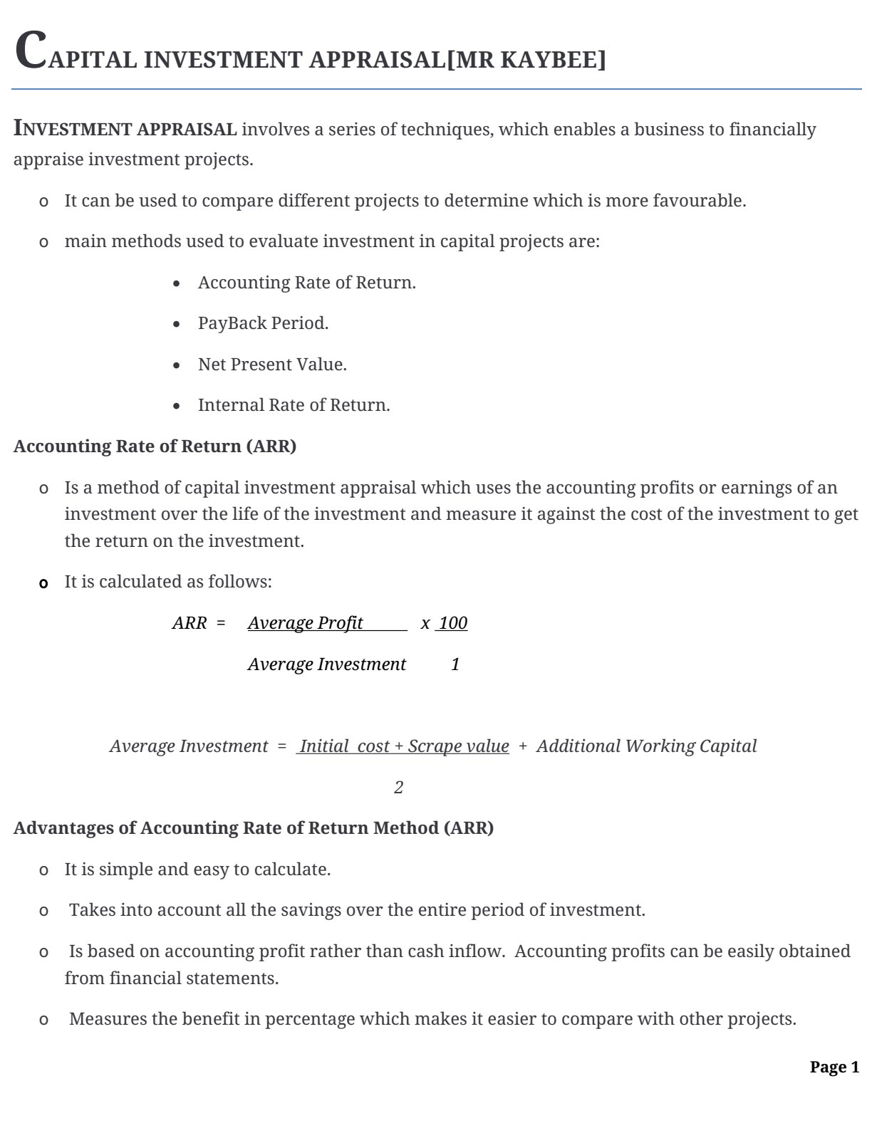 First page of Principles of Accounts Capital Investment Appraisal Notes Zimbabwe