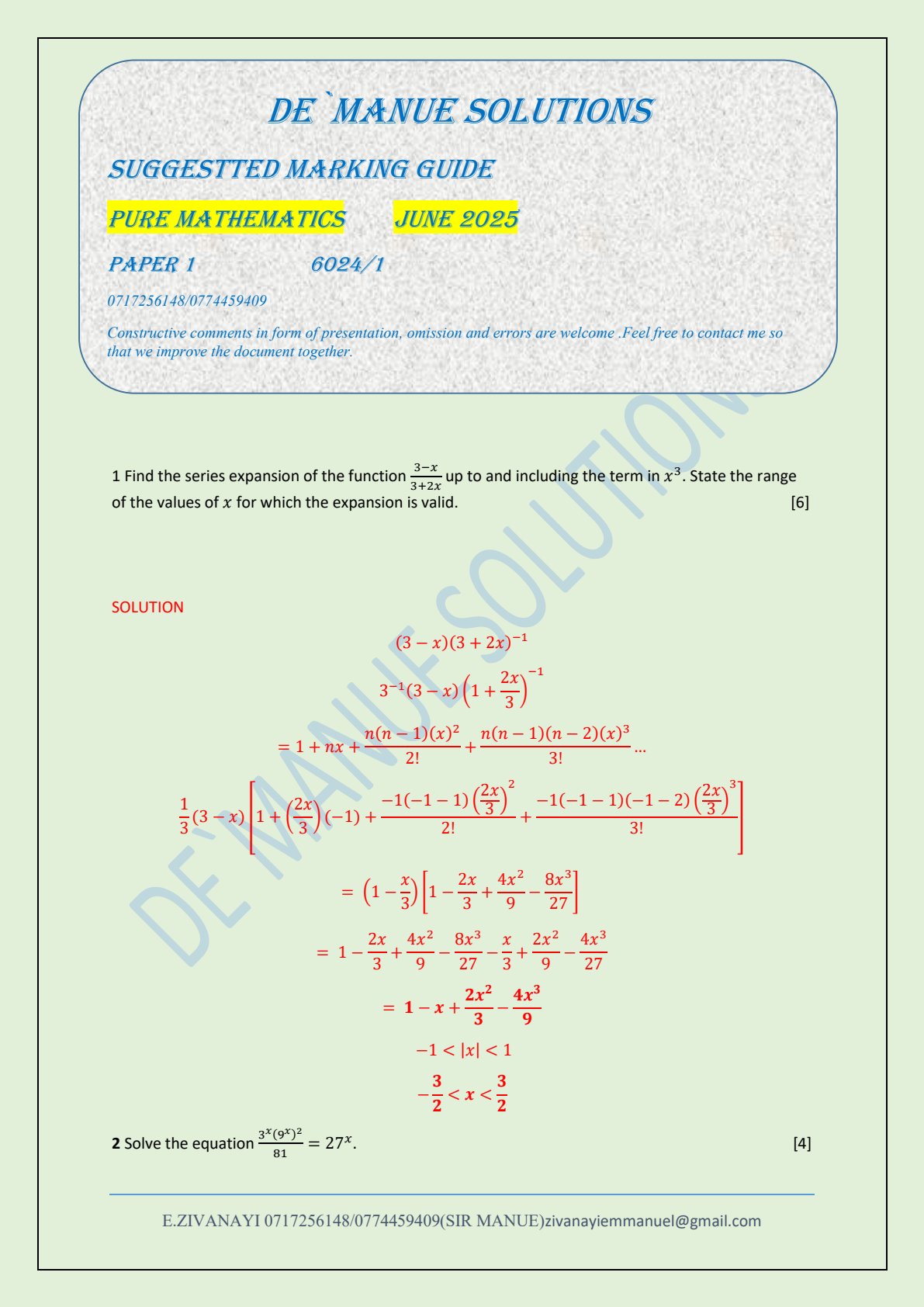 First page of Pure Mathematics June 2025 Paper 1 Suggested Marking Guide