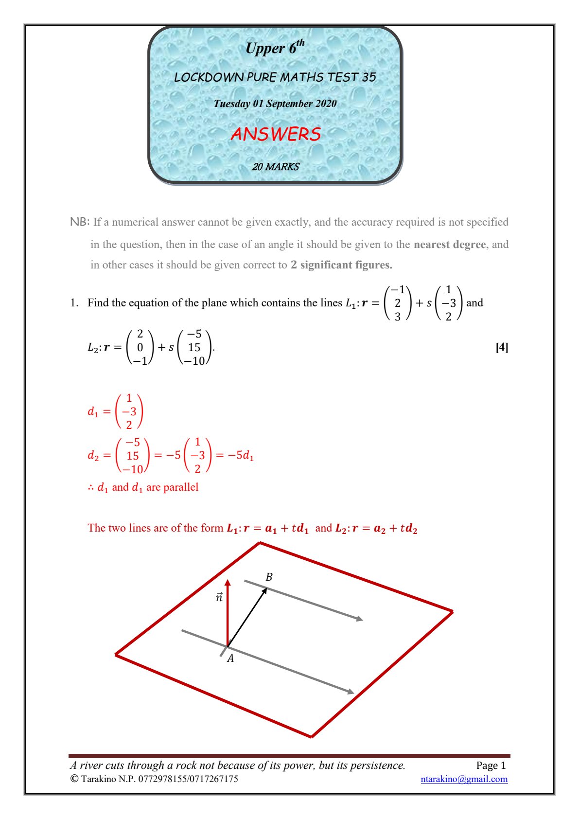 First page of Pure Mathematics Planes and Lines Revision Pack