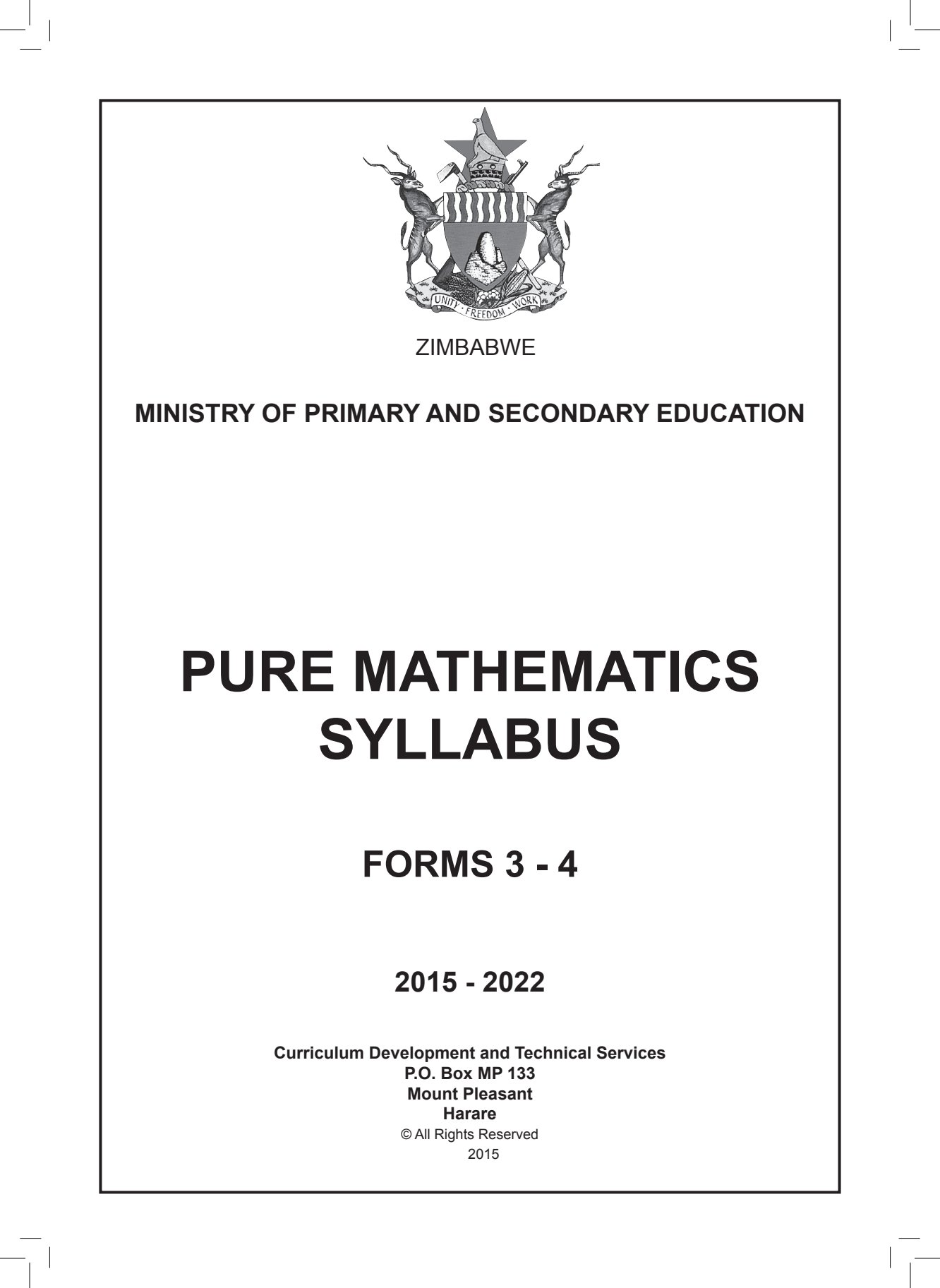 First page of Pure Mathematics Syllabus Forms 3-4