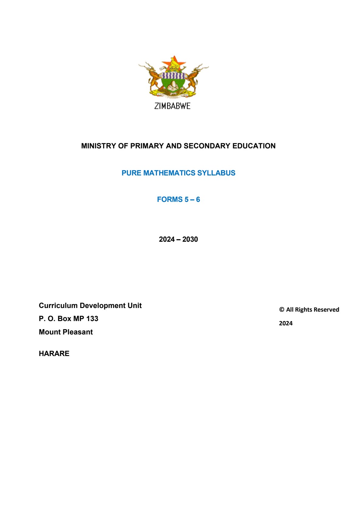 First page of Pure Mathematics Syllabus Forms 5-6 2024-2030