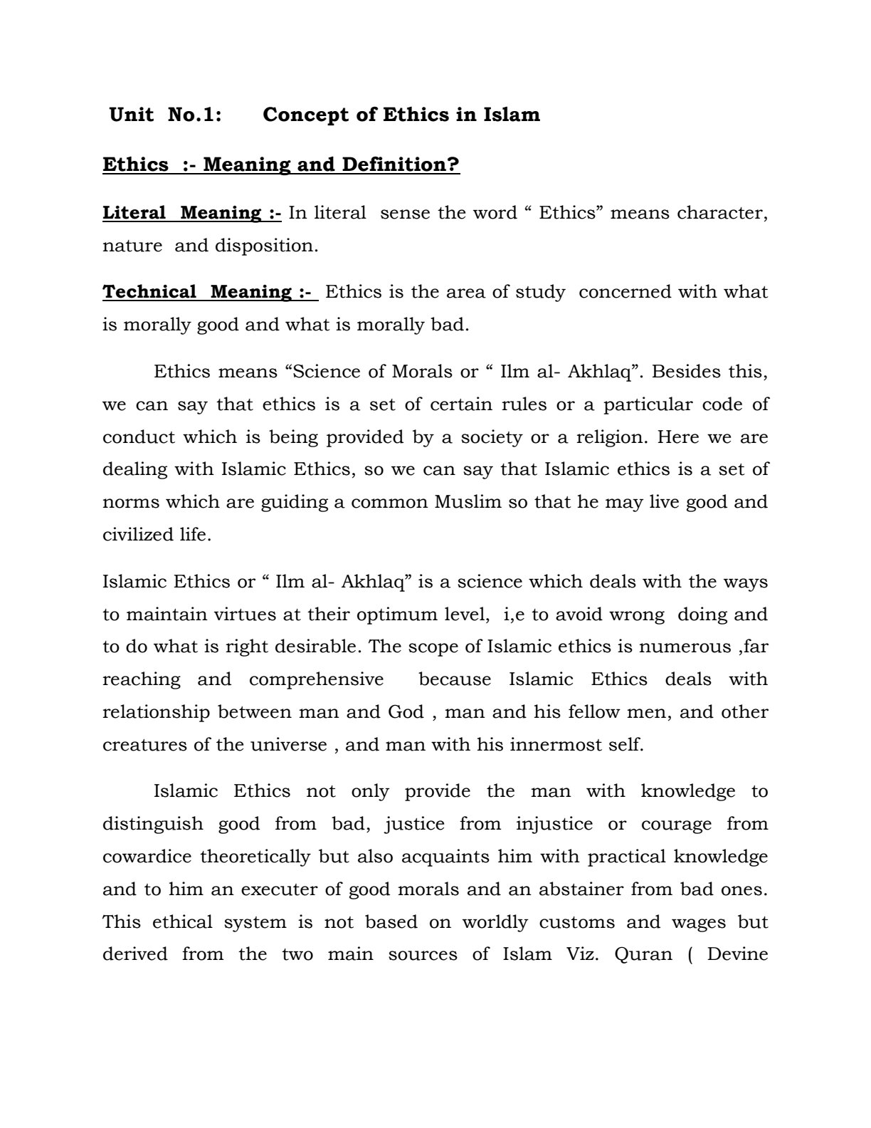 First page of Religious Studies Concept of Ethics in Islam Notes Zimbabwe