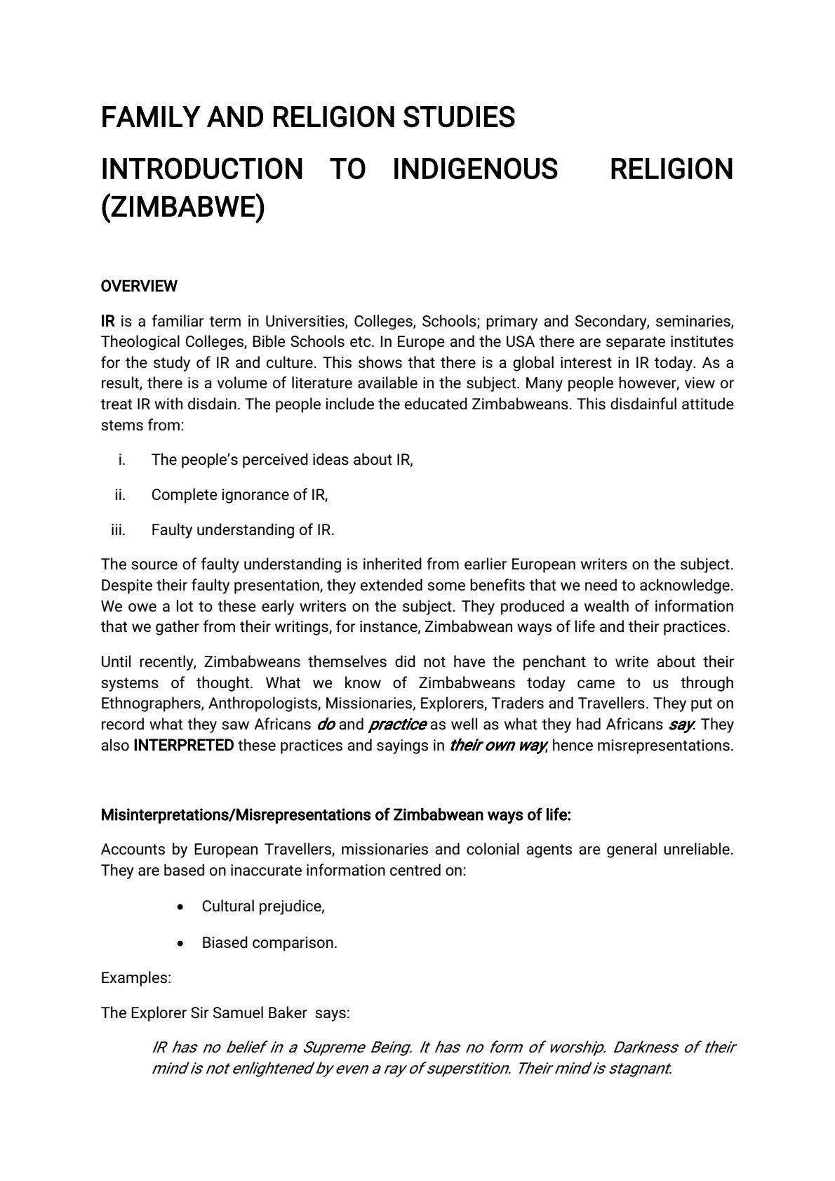 First page of Religious Studies Introduction to Indigenous Religion in Zimbabwe Notes Zimbabwe