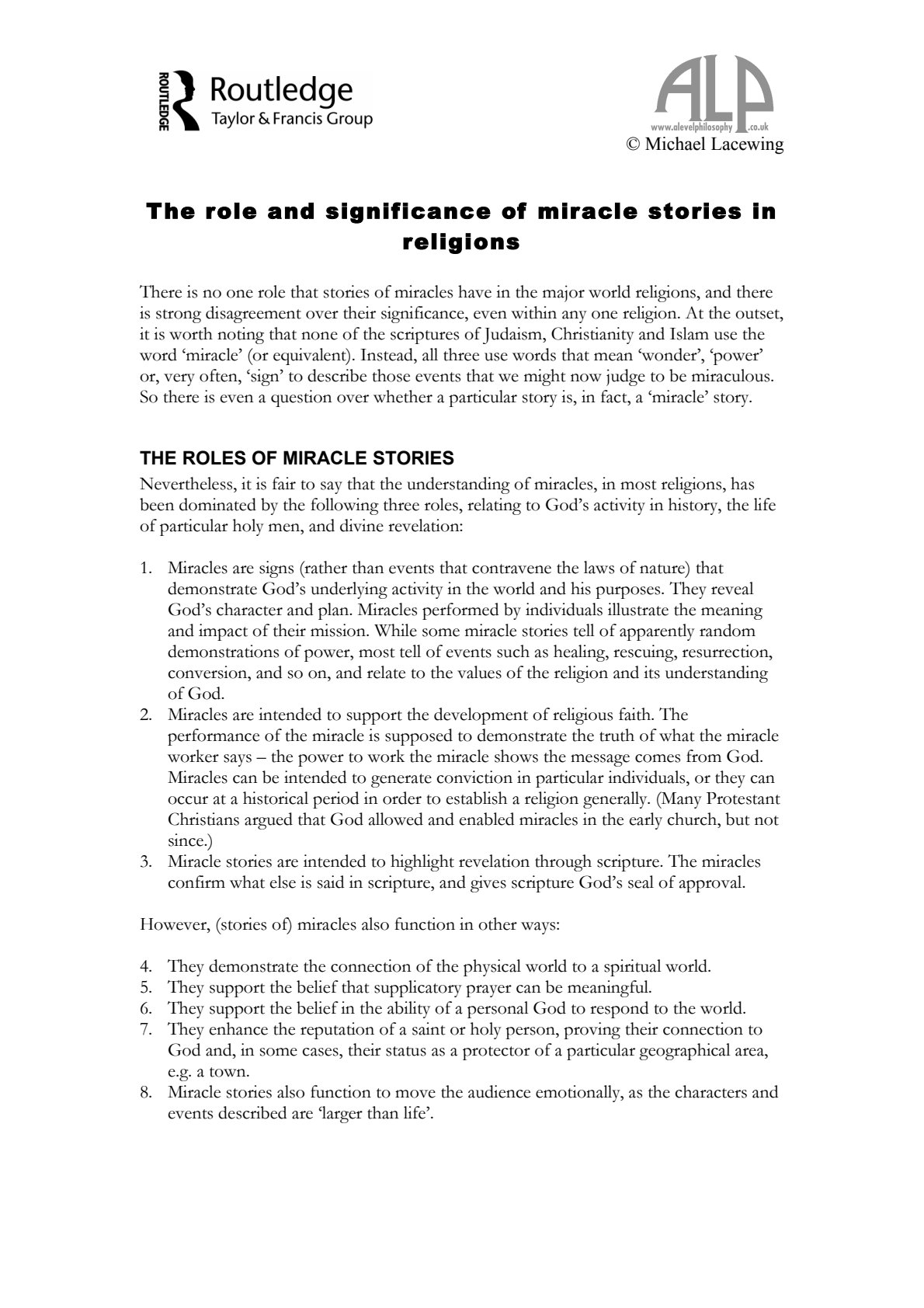 First page of Religious Studies The role and significance of miracle stories in religions Notes Zimbabwe