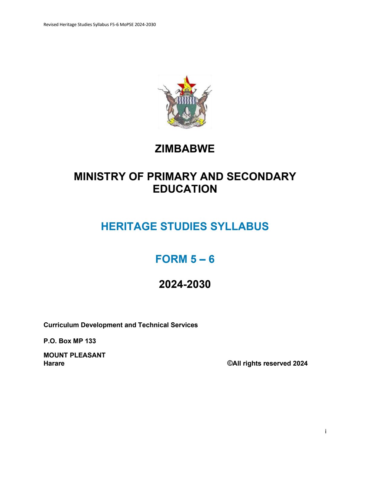 First page of Revised Heritage Studies Syllabus F5-6 MoPSE 2024-2030