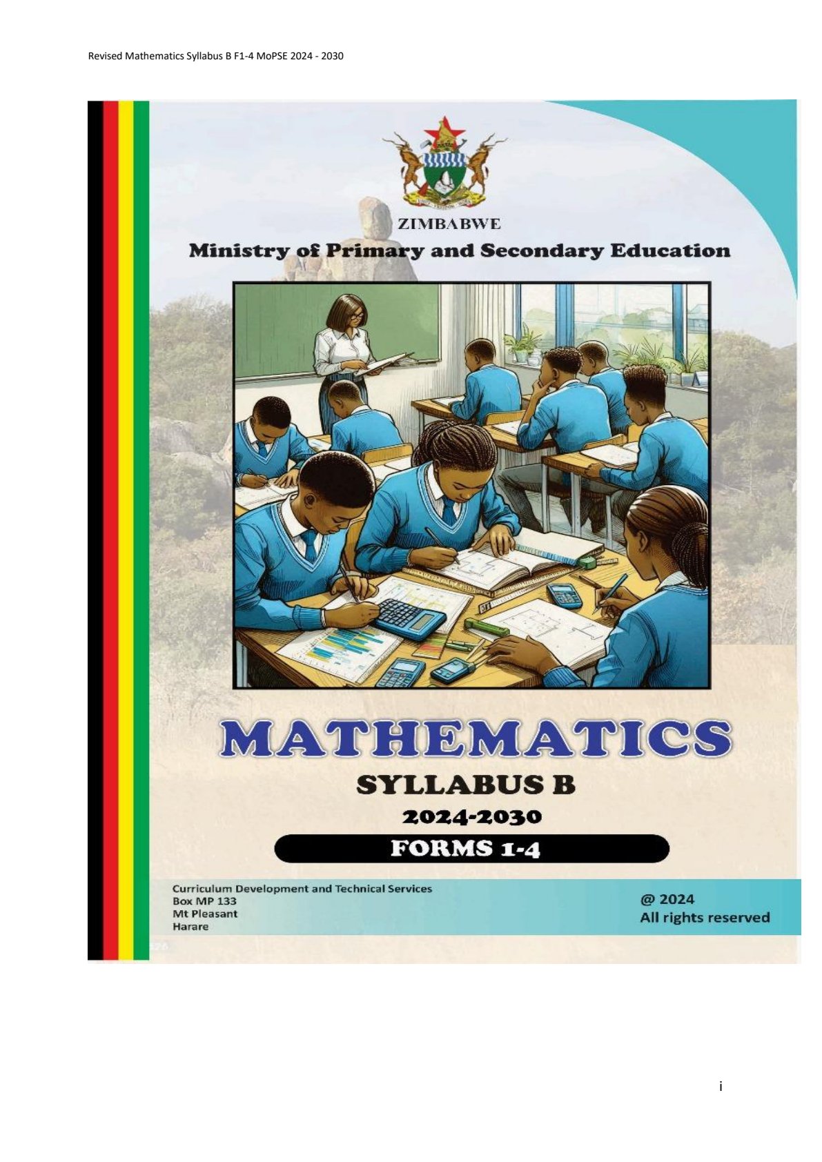 First page of Revised Mathematics Syllabus B F1-4 MoPSE 2024-2030