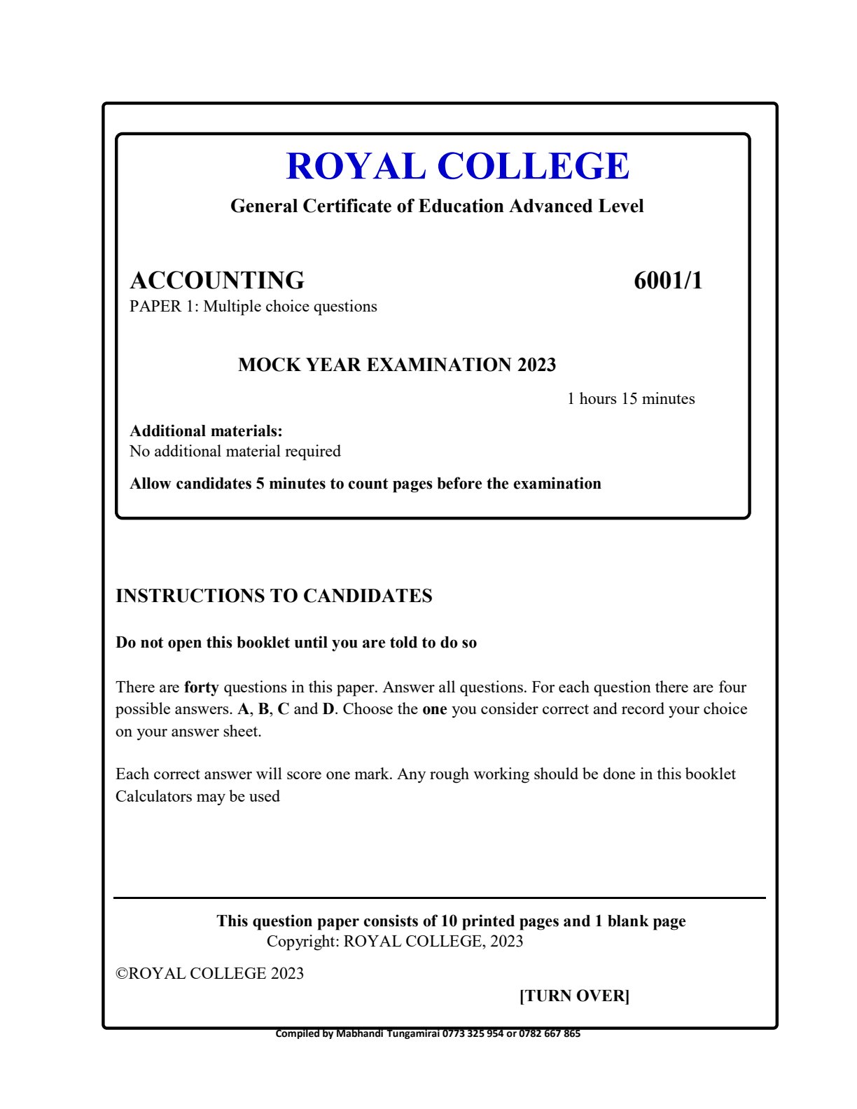 First page of Royal College A-Level Principles of Accounts Mock 2023 Question Paper