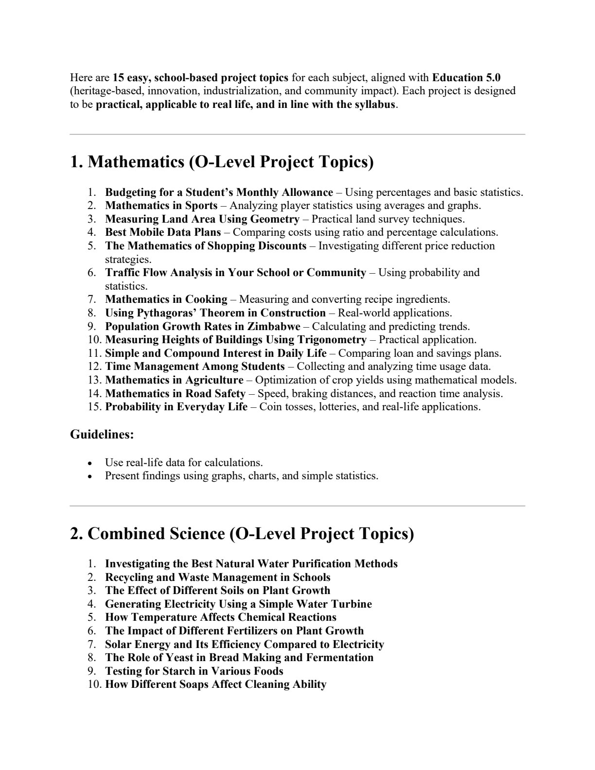 First page of School Based Projects topics and tips.pdf